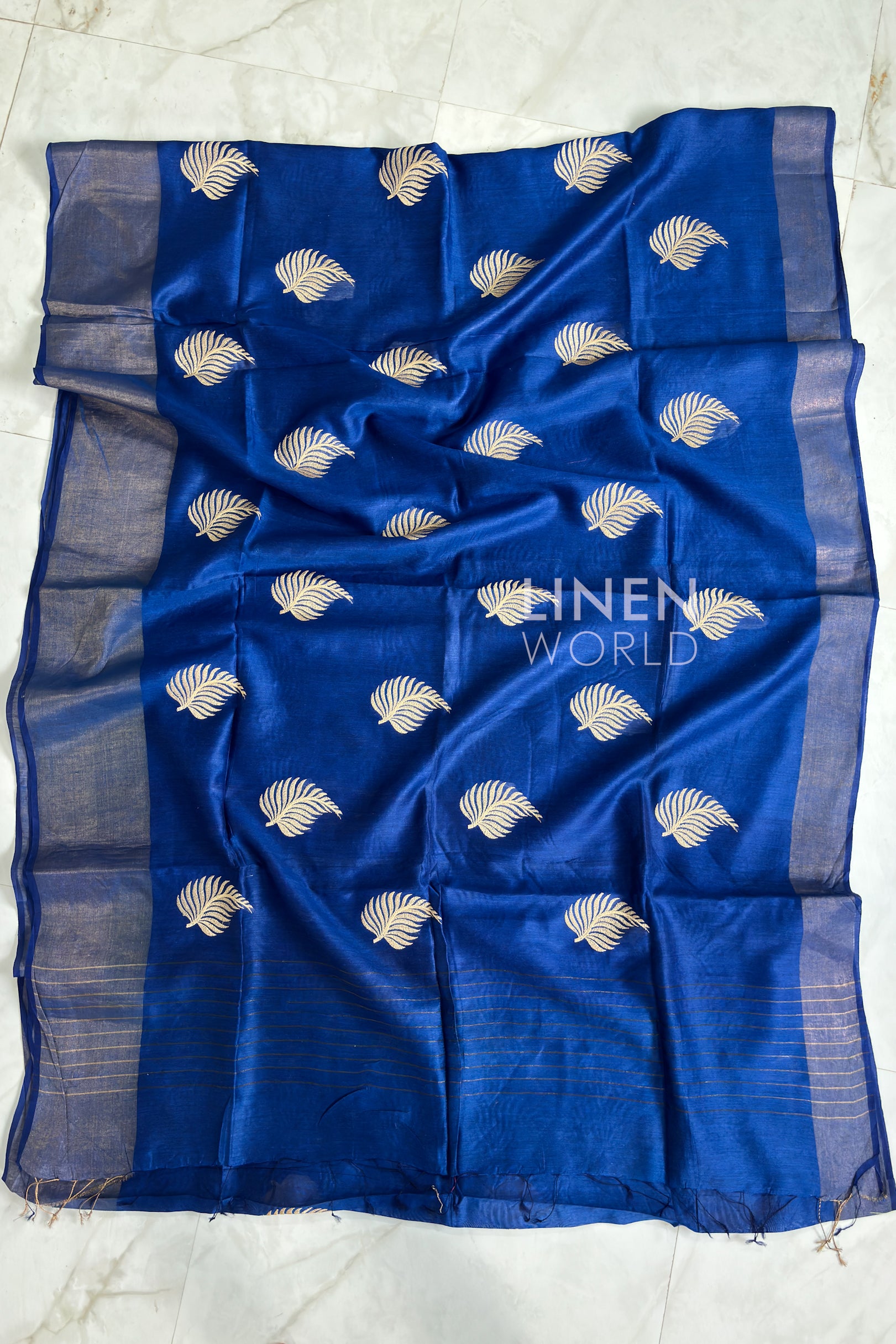 Finest handwoven Royal Blue Muga Silk Saree available online by Linen World