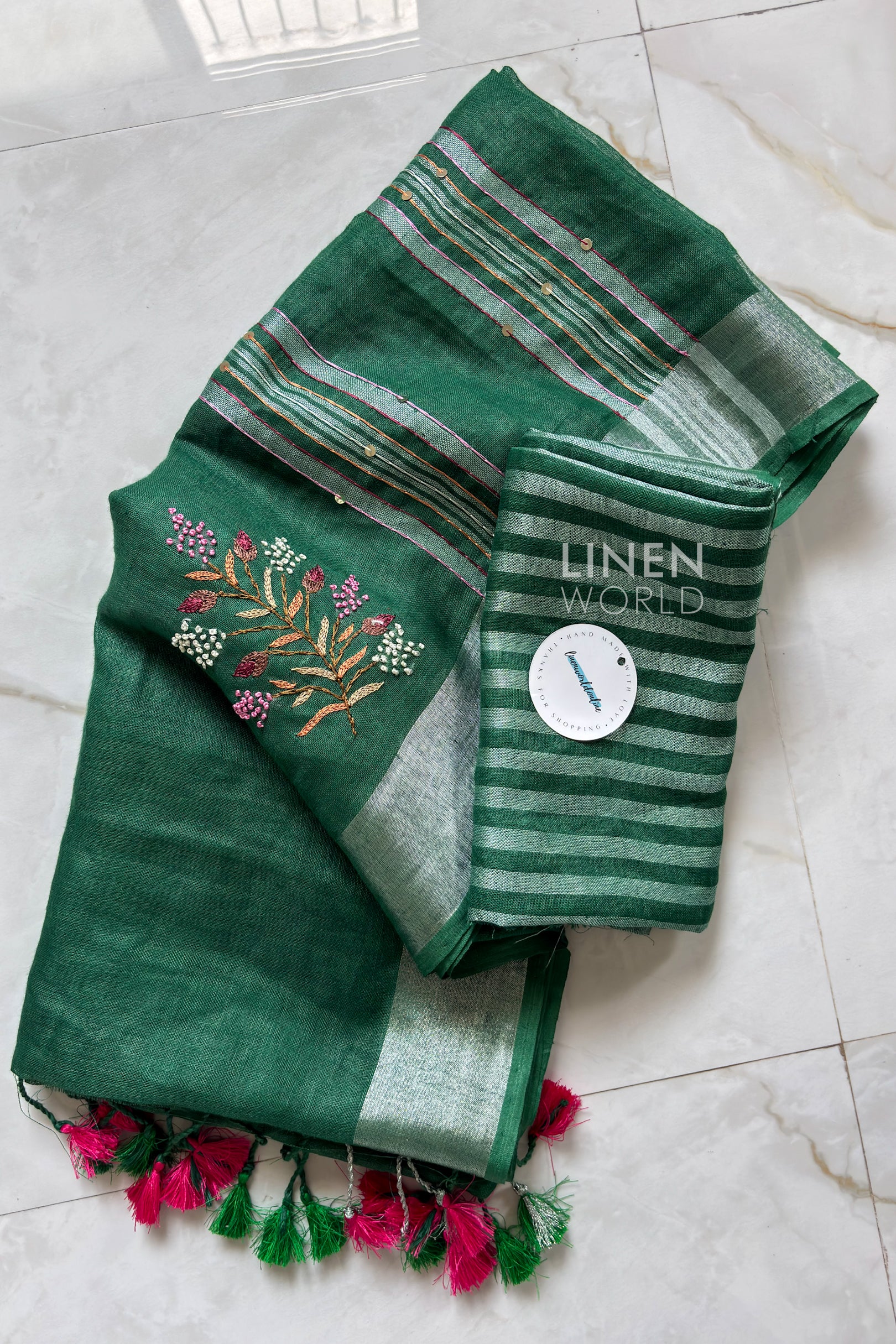 Green Linen French Knot Work Saree with striped blouse piece – Linen World