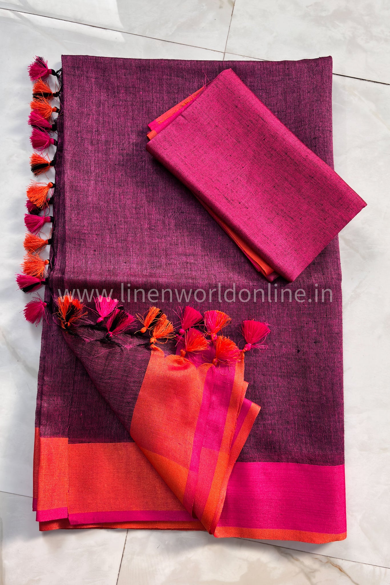 wine plum handloom pure linen saree with pink and orange border and tassels - linenworldonline.in