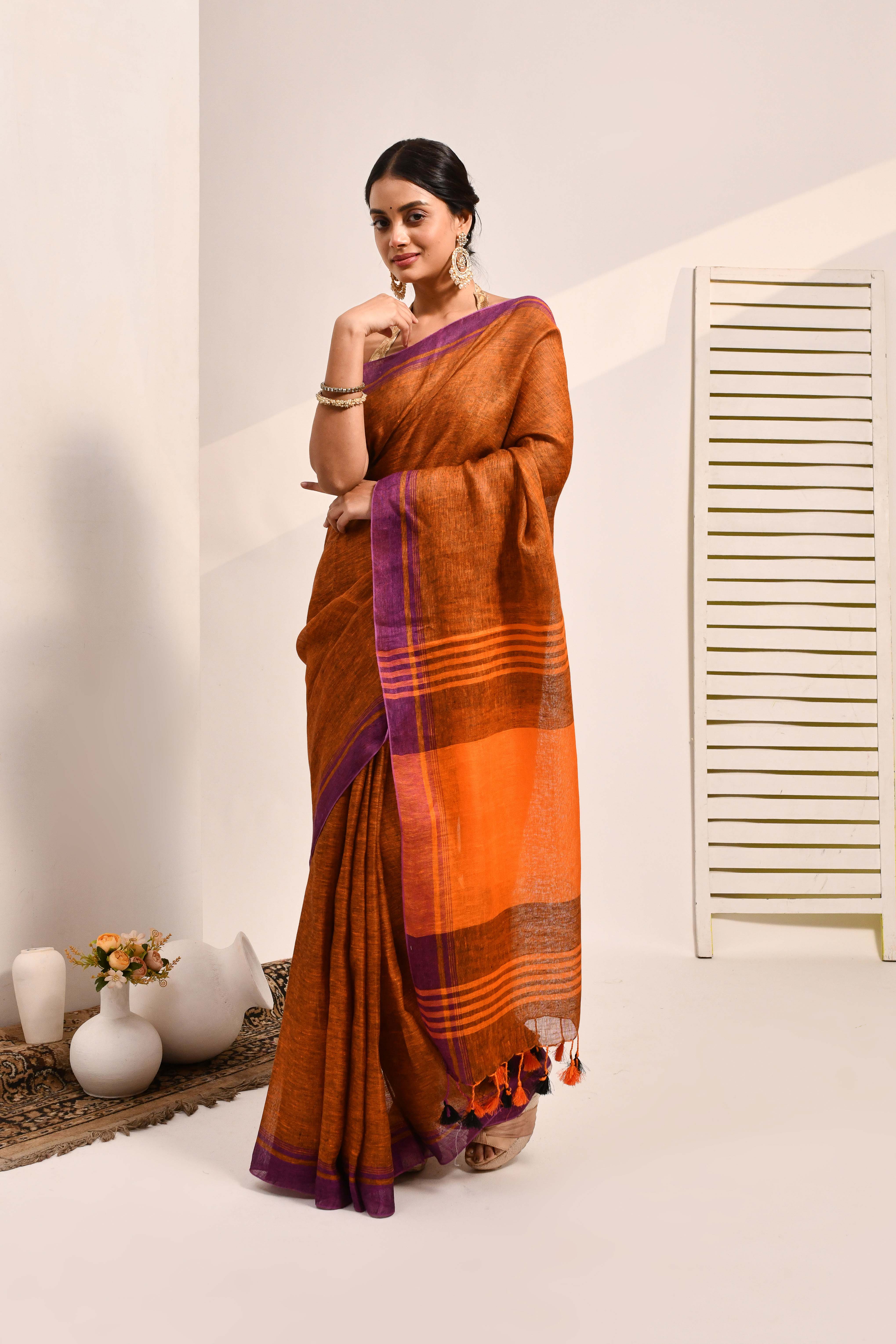 Vanya - Brown Organic Linen Saree With Tassels for Office and Daily Wear