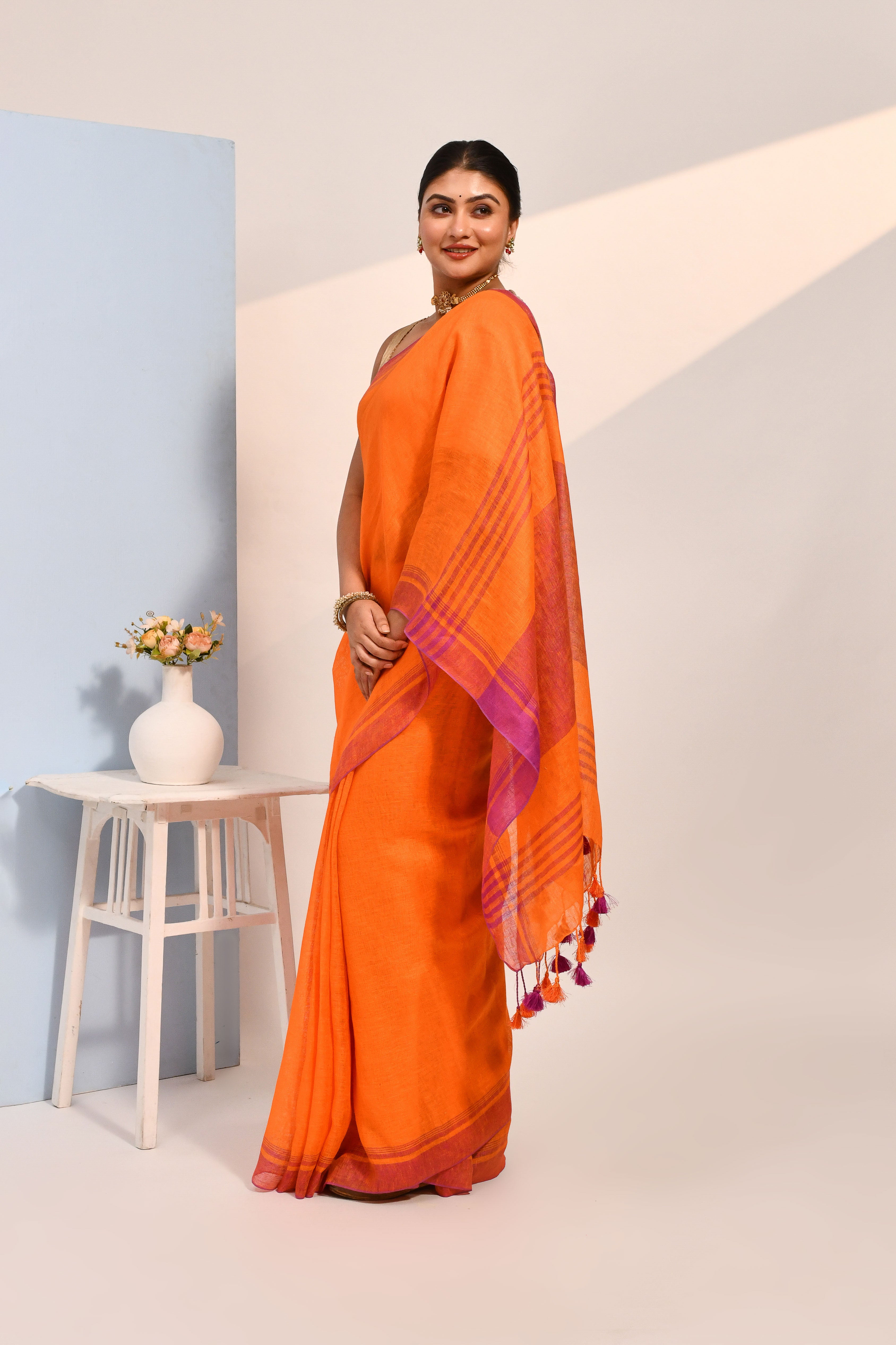 Vanya - Dark Orange Organic Linen Saree With Tassels for Office and Daily Wear