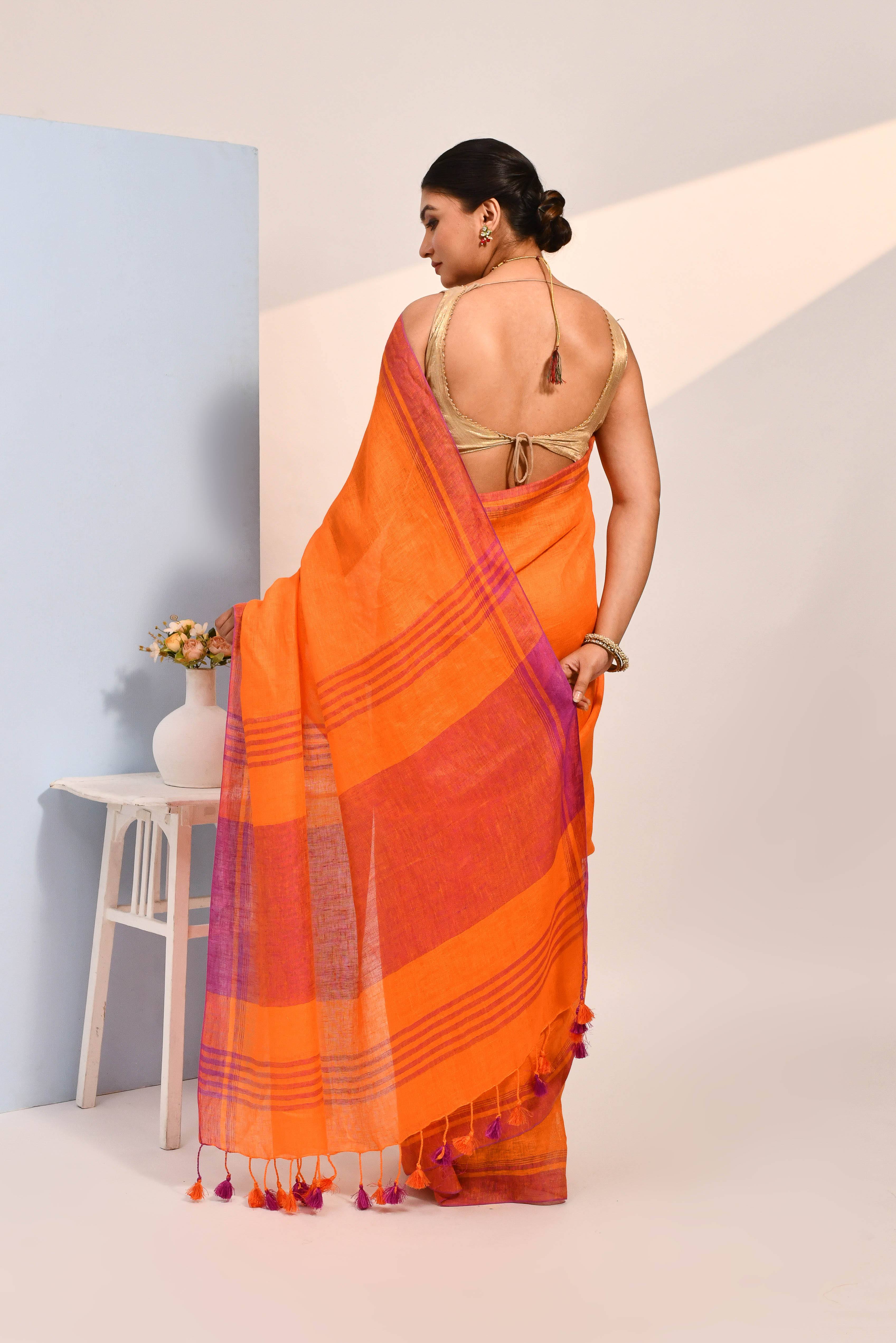 Vanya - Dark Orange Organic Linen Saree With Tassels for Office and Daily Wear