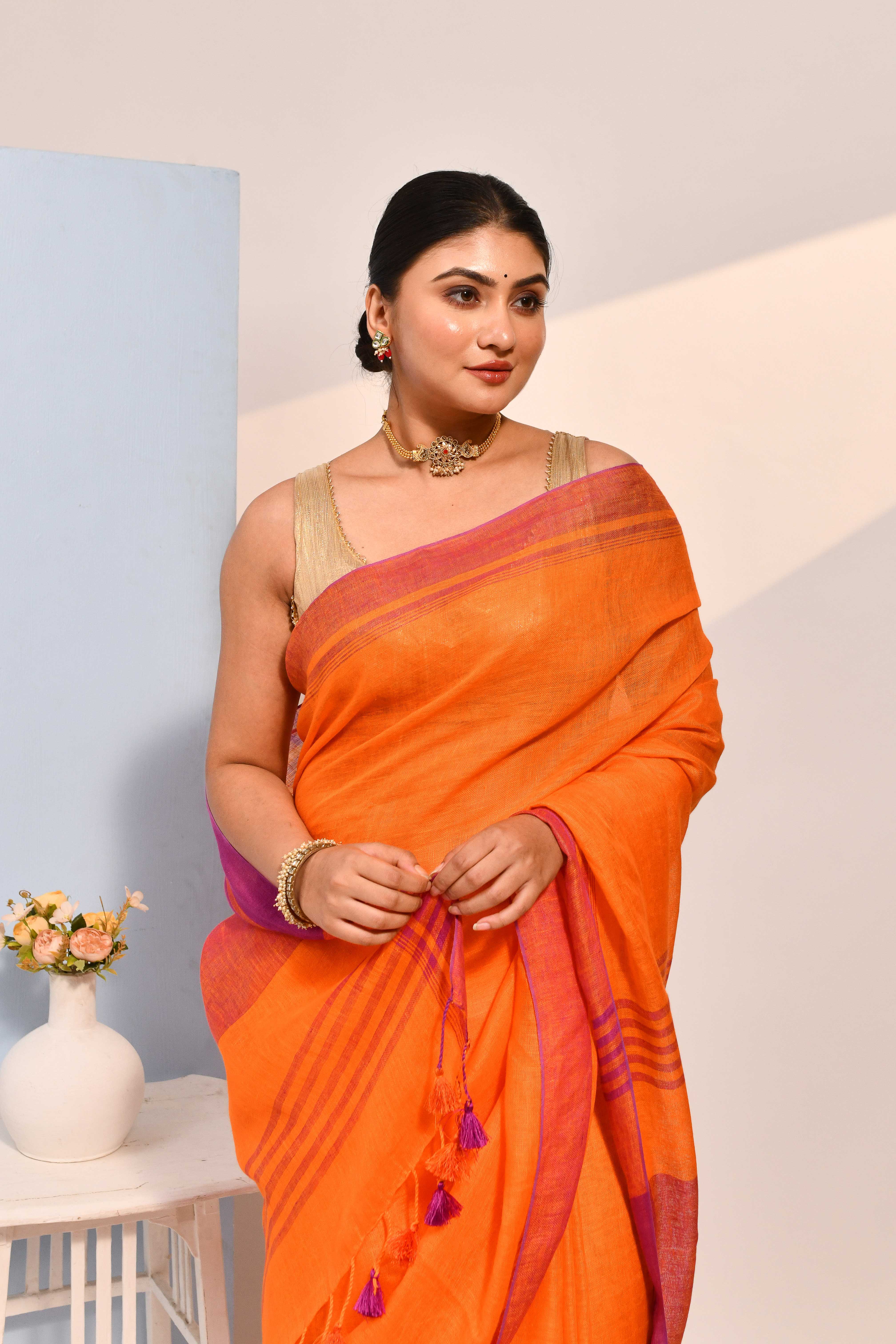 Vanya - Dark Orange Organic Linen Saree With Tassels for Office and Daily Wear