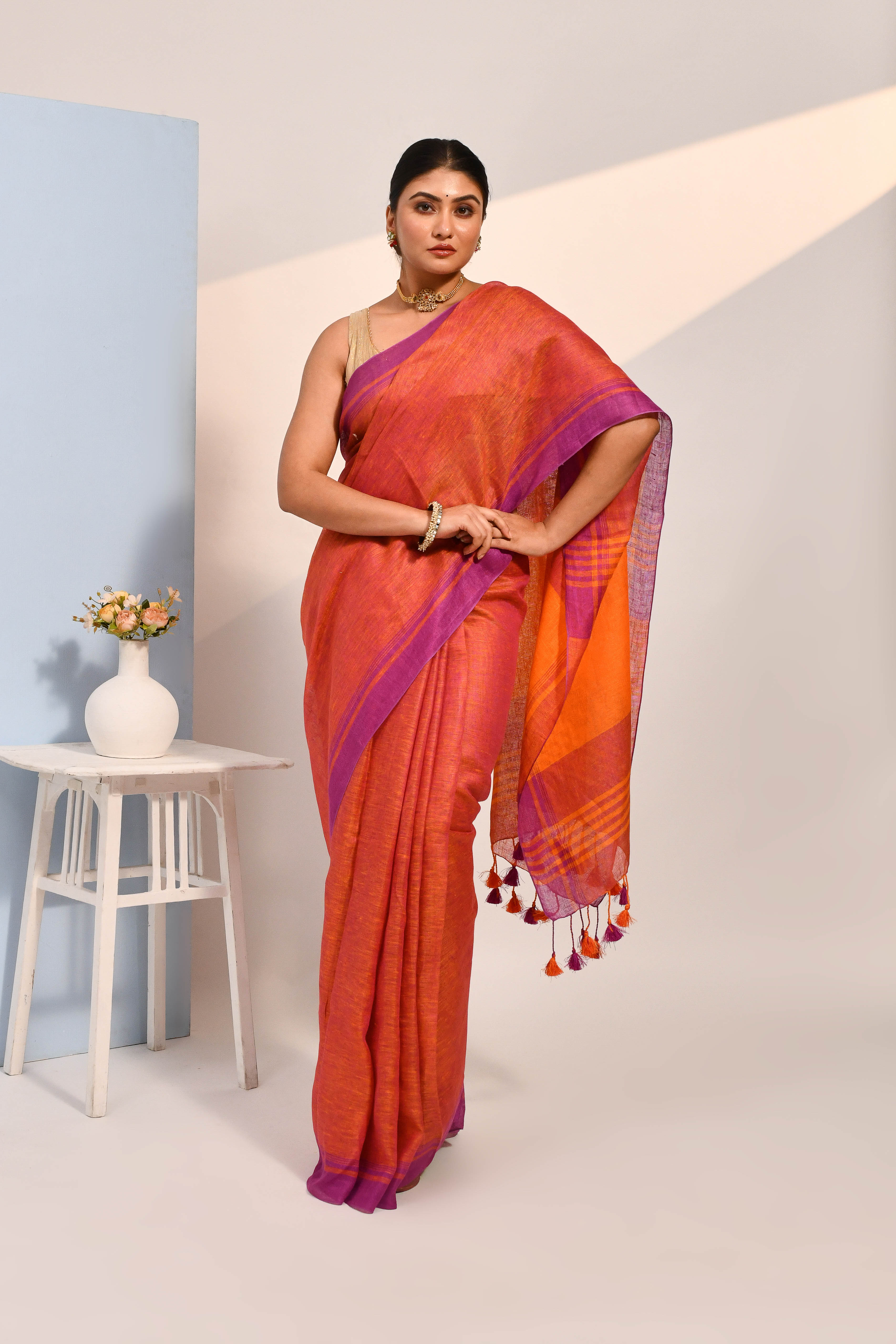 Vanya - Purple Organic Linen Saree With Tassels for Office and Daily Wear