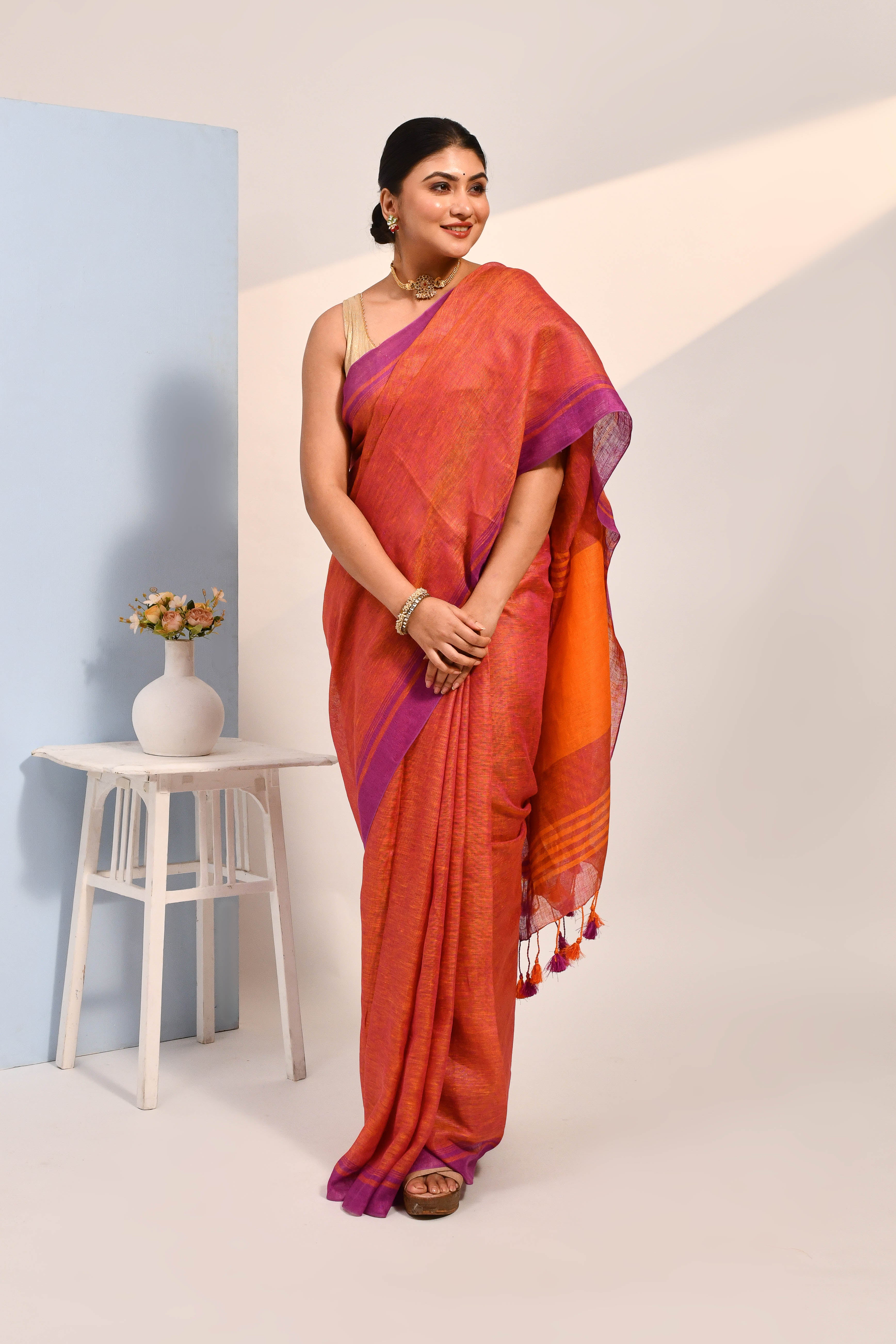 Vanya - Purple Organic Linen Saree With Tassels for Office and Daily Wear