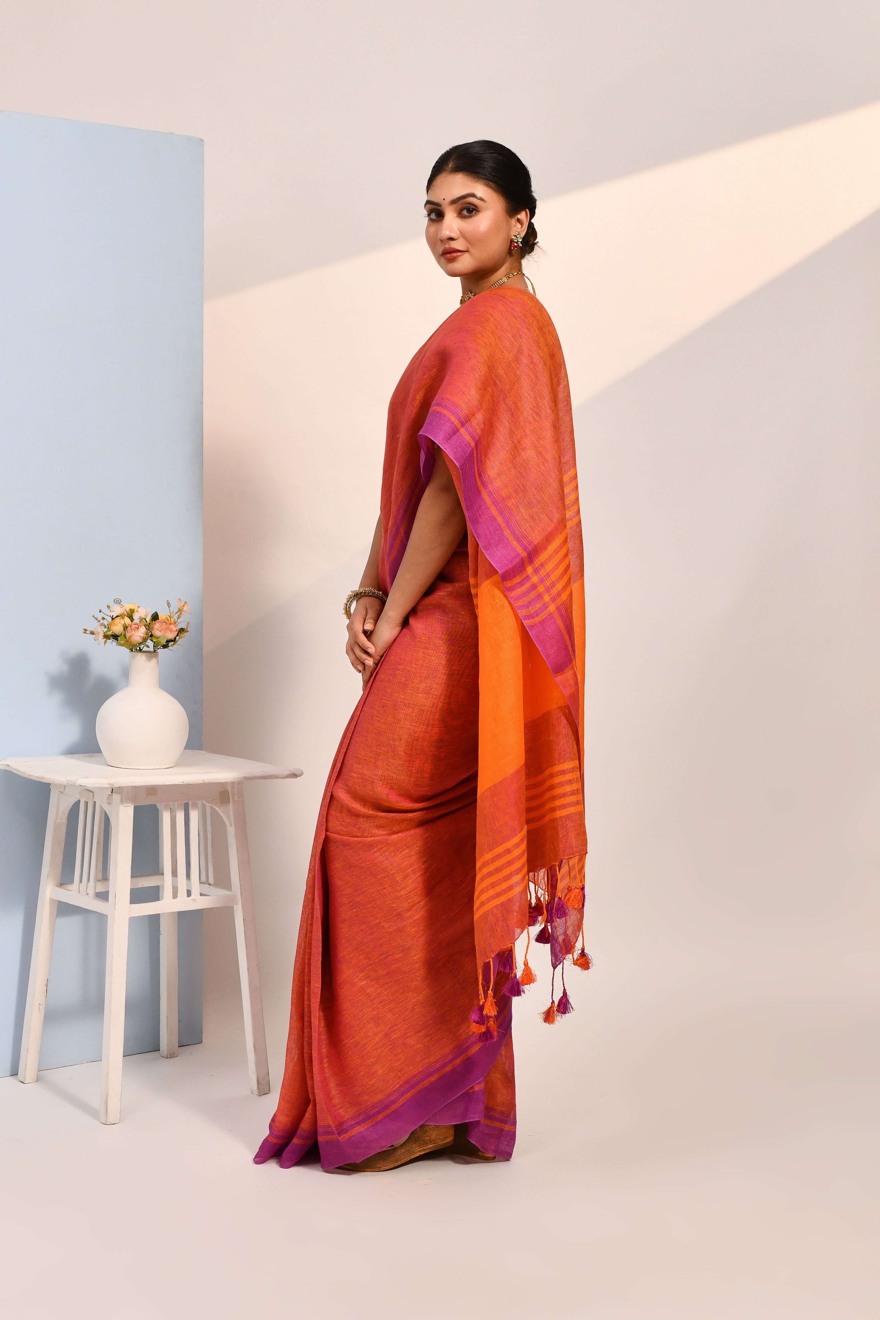 Vanya - Purple Organic Linen Saree With Tassels for Office and Daily Wear