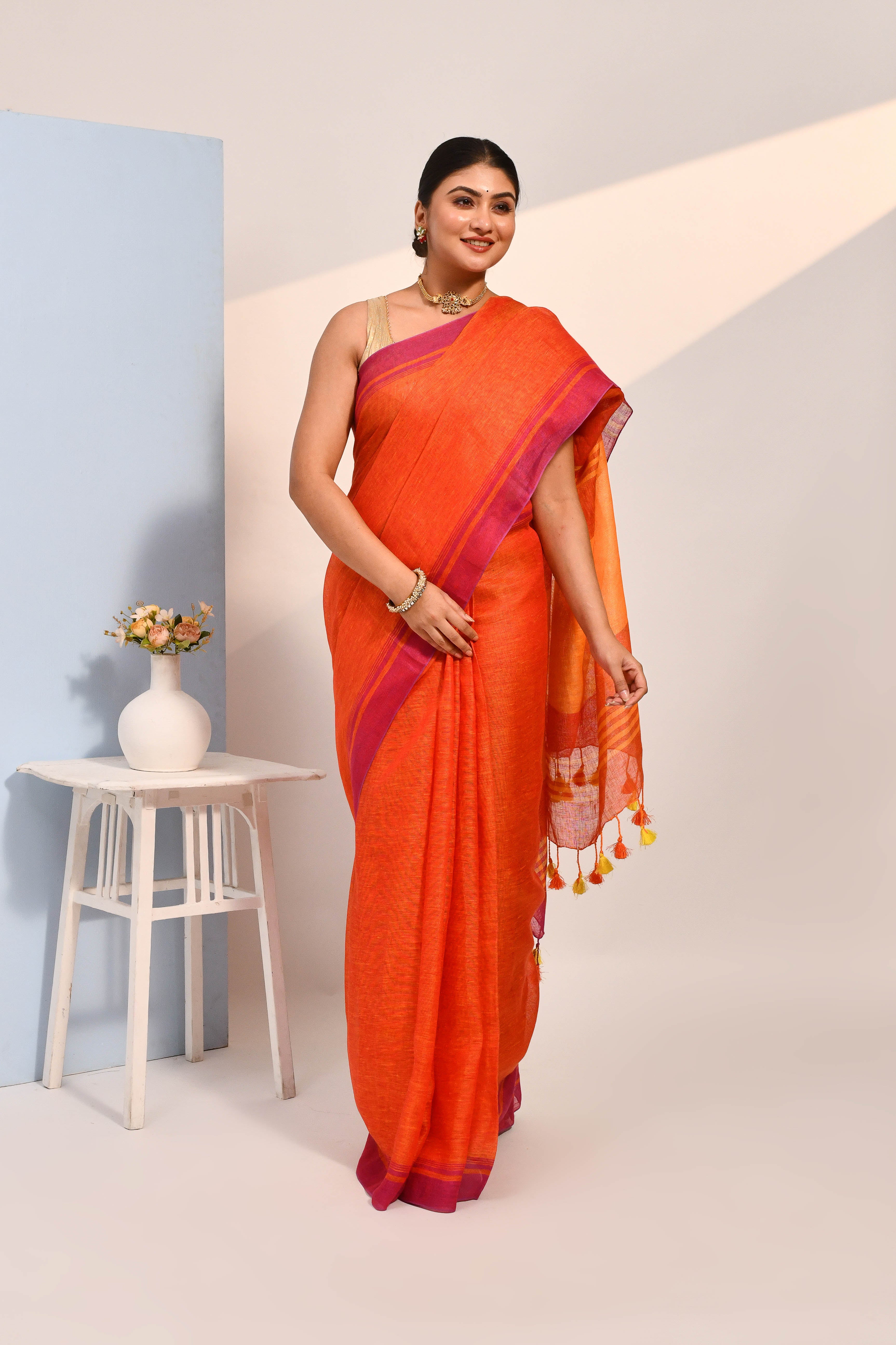 Vanya - Red Organic Linen Saree With Tassels for Office and Daily Wear