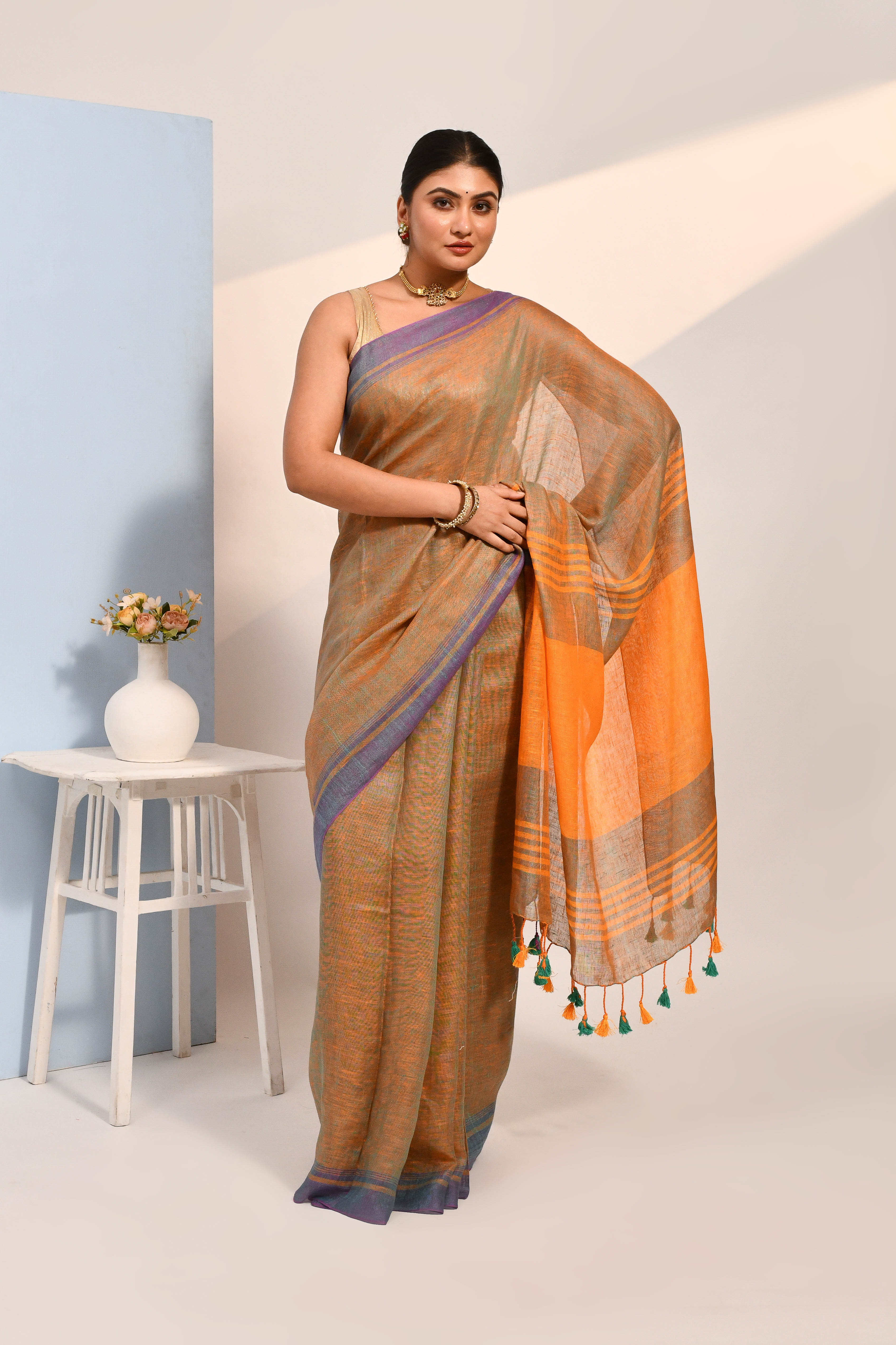 Vanya - Teal Organic Linen Saree With Tassels for Office and Daily Wear