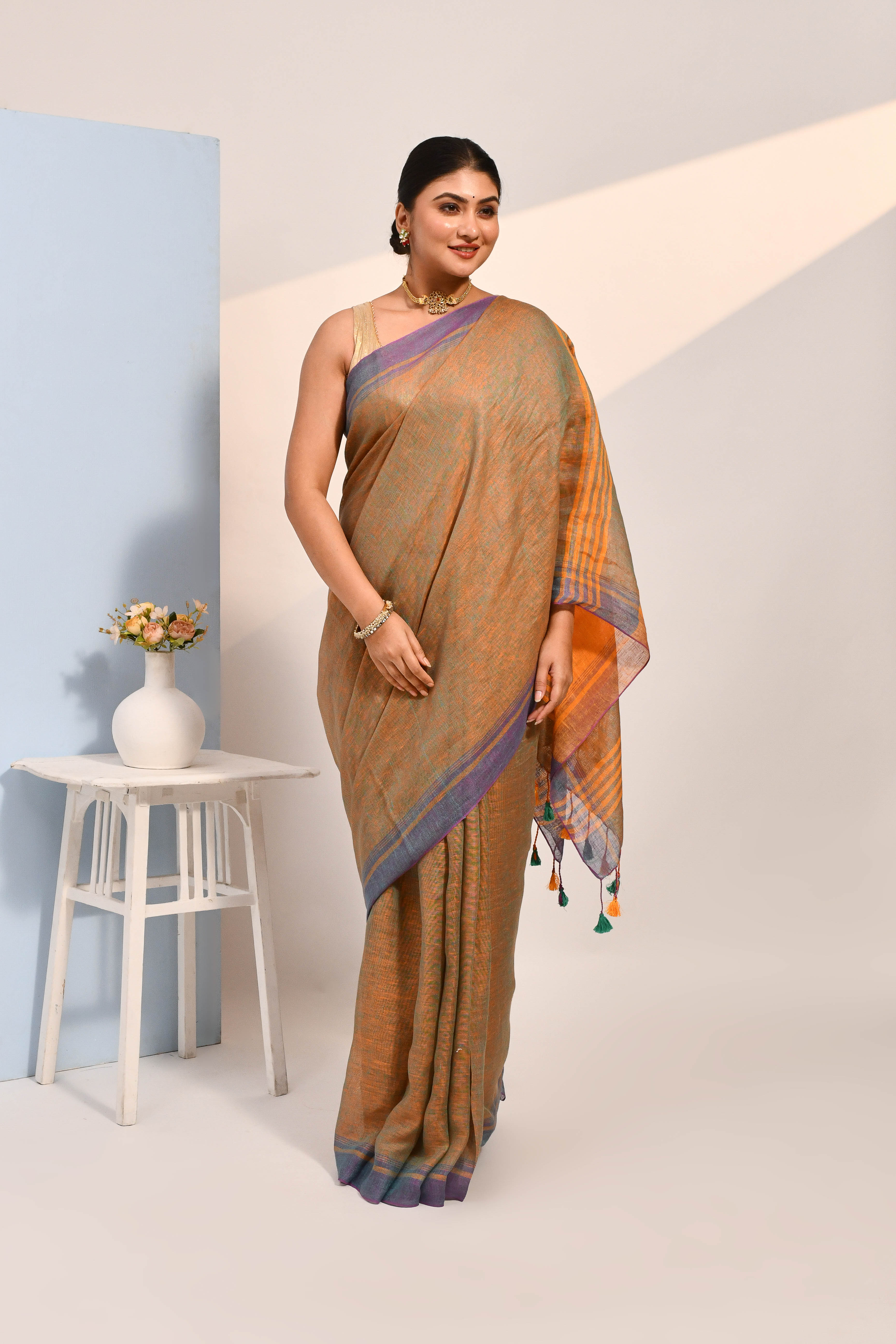 Vanya - Teal Organic Linen Saree With Tassels for Office and Daily Wear