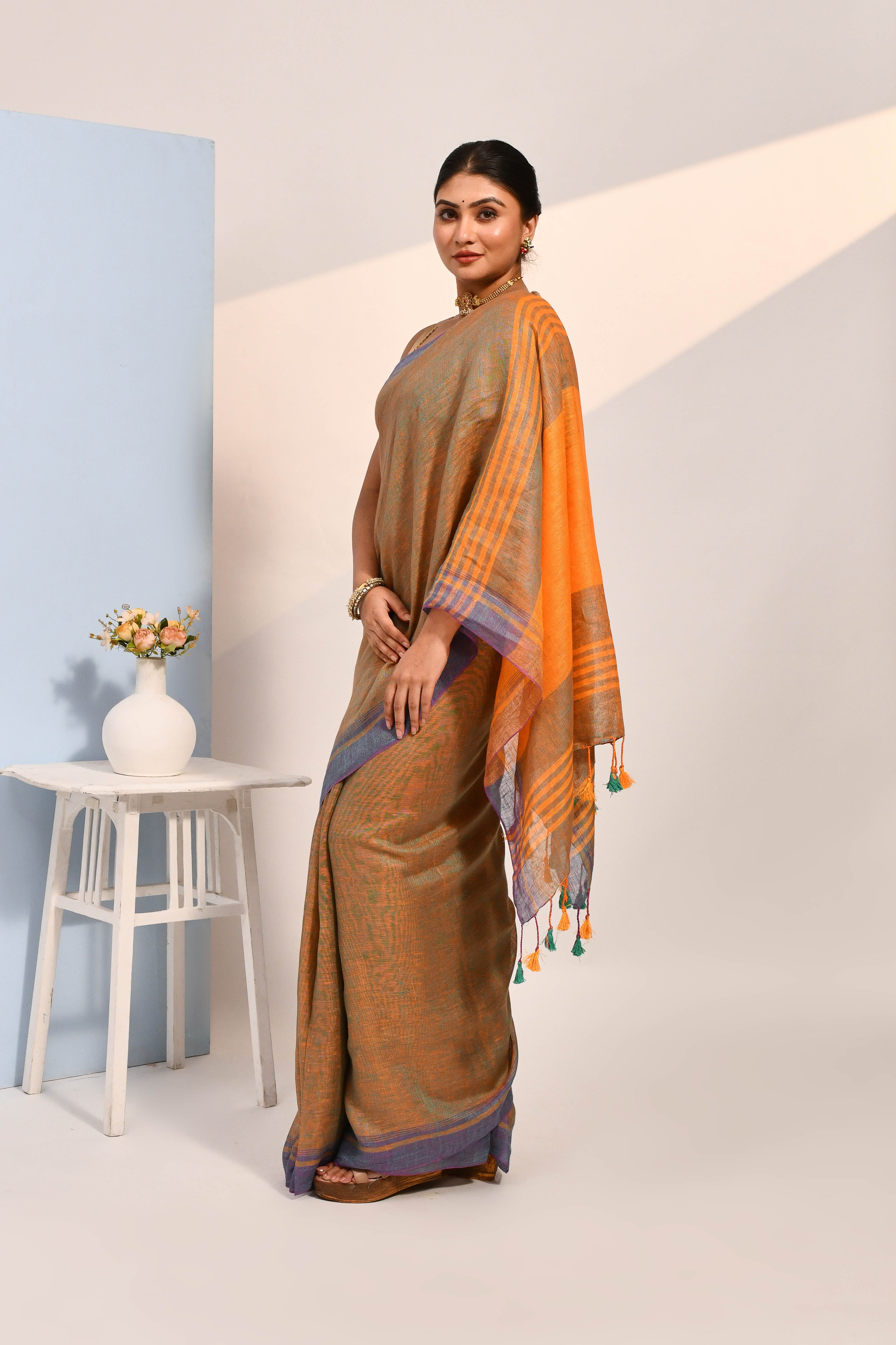 Vanya - Teal Organic Linen Saree With Tassels for Office and Daily Wear