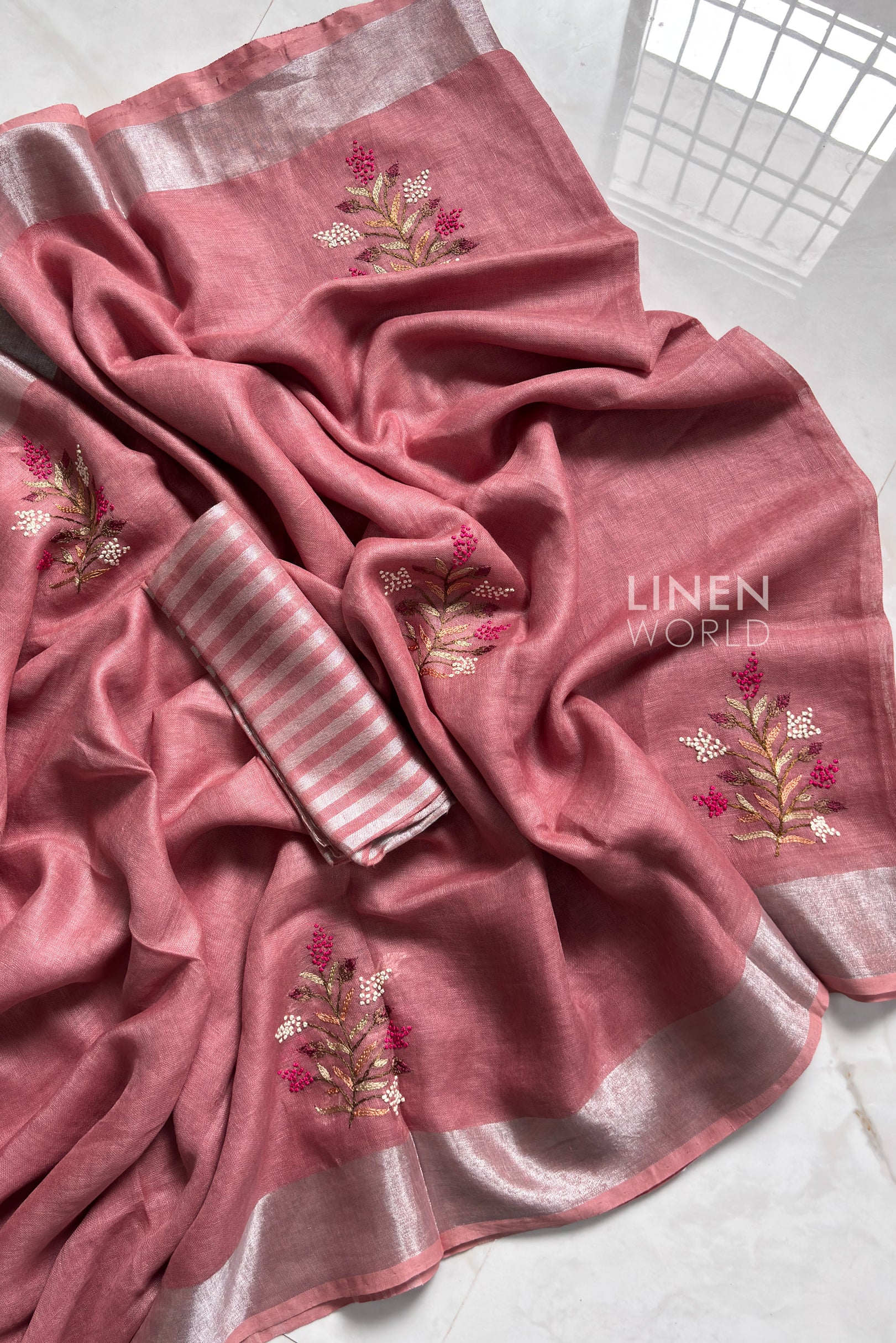 Mauve pink Linen French Knot Work Saree with striped blouse piece – Linen World