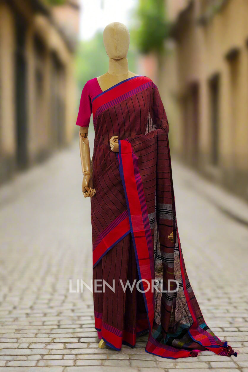 mohini (maroon handloom kantha linen saree) - linenworldonline.in