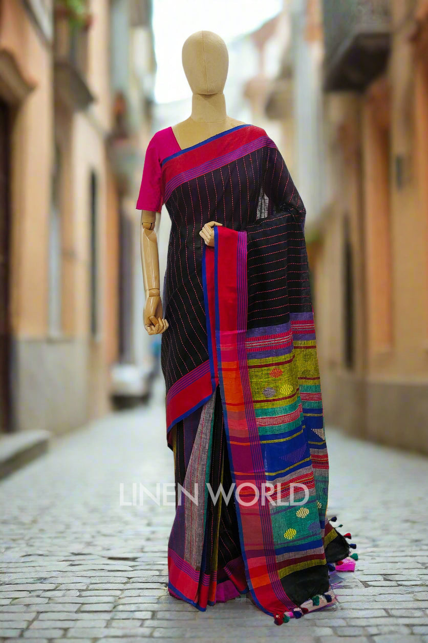 mugdha (black handloom kantha linen saree) - linenworldonline.in