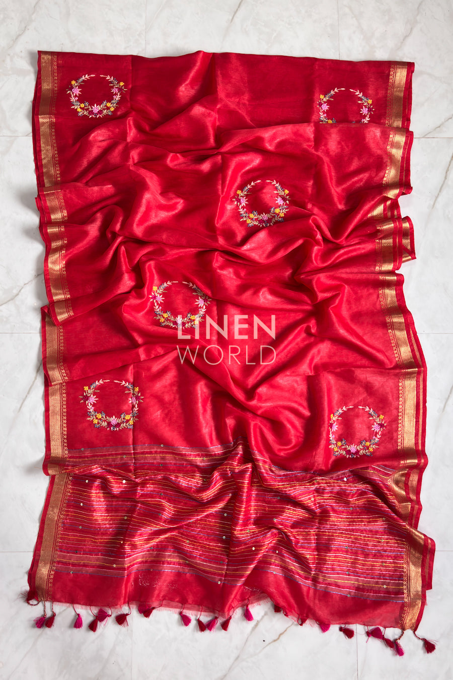 Pure silk linen saree in red with French knot embroidery – Linen World