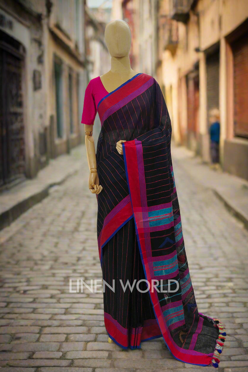 reva (black handloom kantha linen saree) - linenworldonline.in