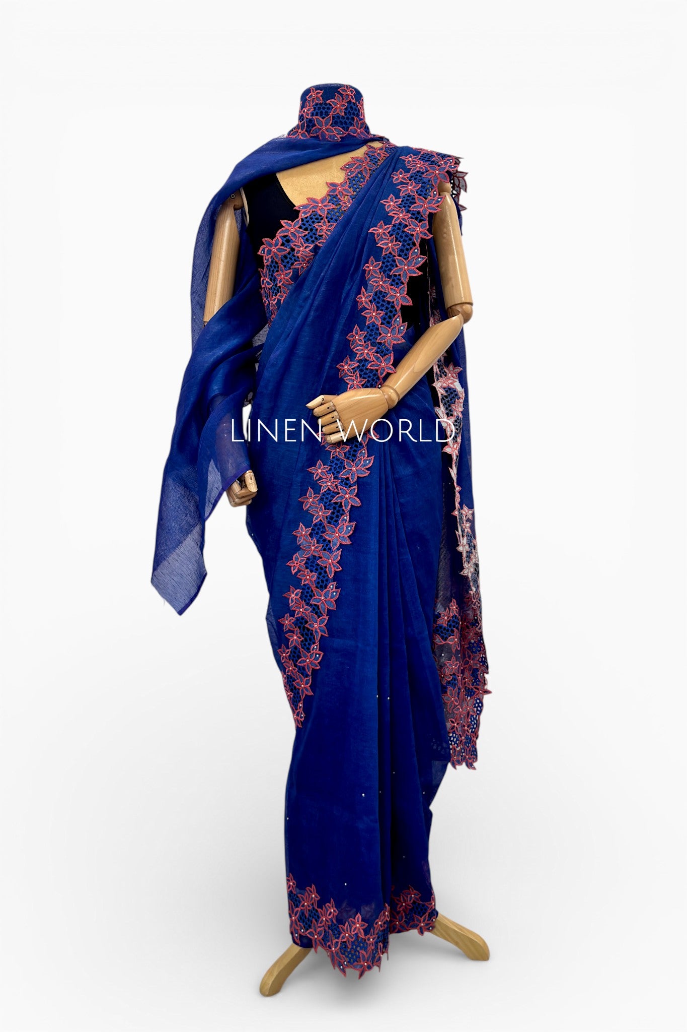 royal blue premium hand cutwork embroidery silk linen saree - linen world