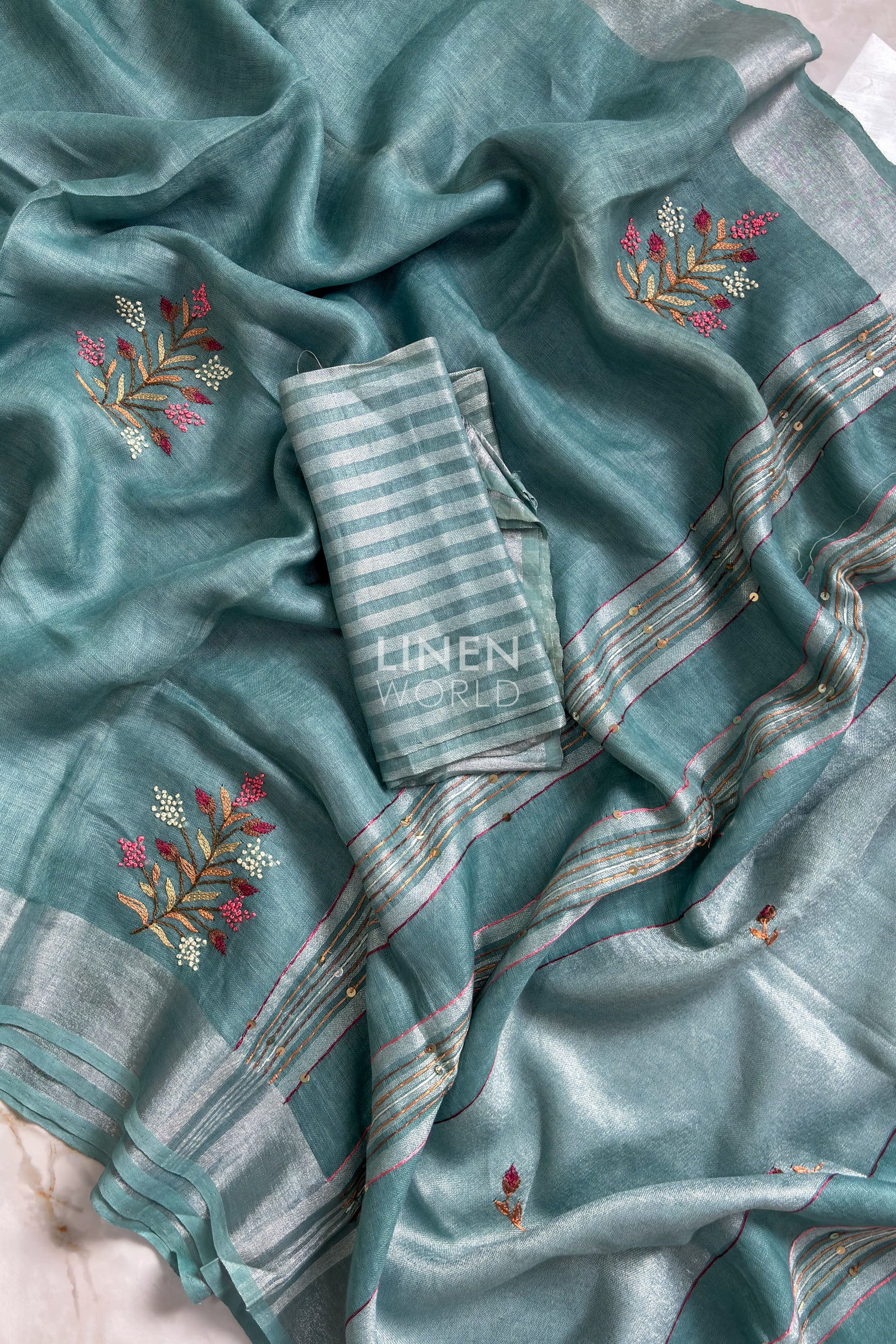 Teal blue Linen French Knot Work Saree with striped blouse piece – Linen World