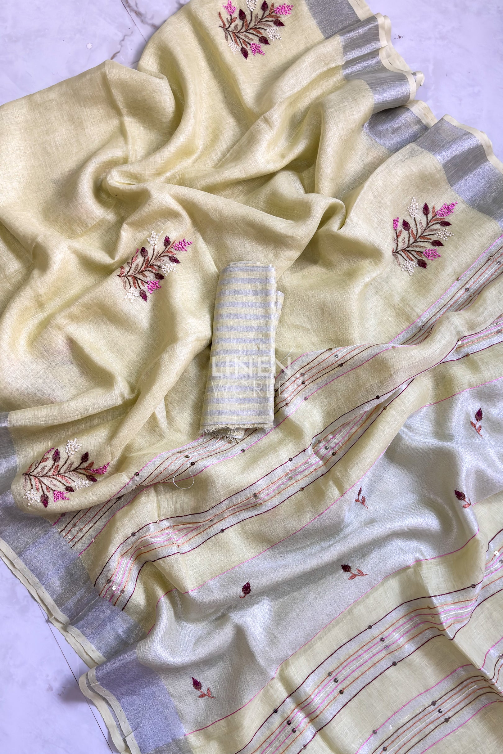 Yellow Linen French Knot Work Saree with striped blouse piece – Linen World