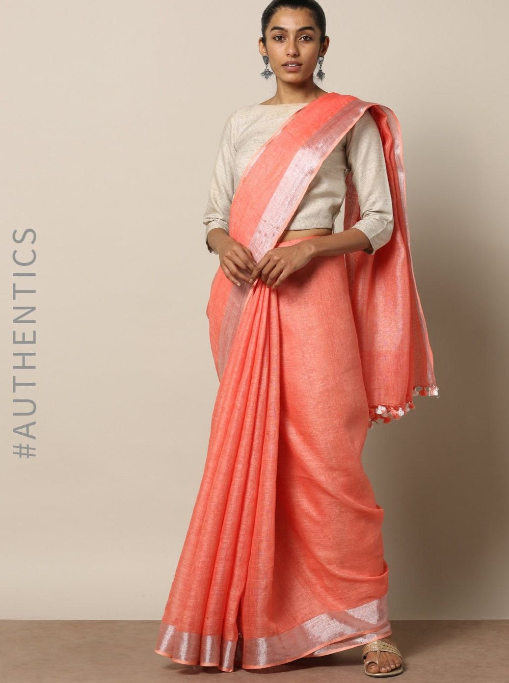 peach linen saree