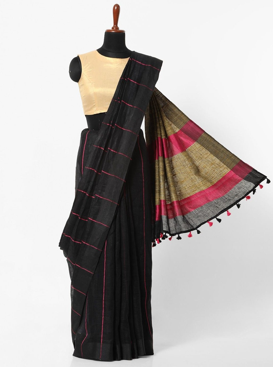 black pure linen saree