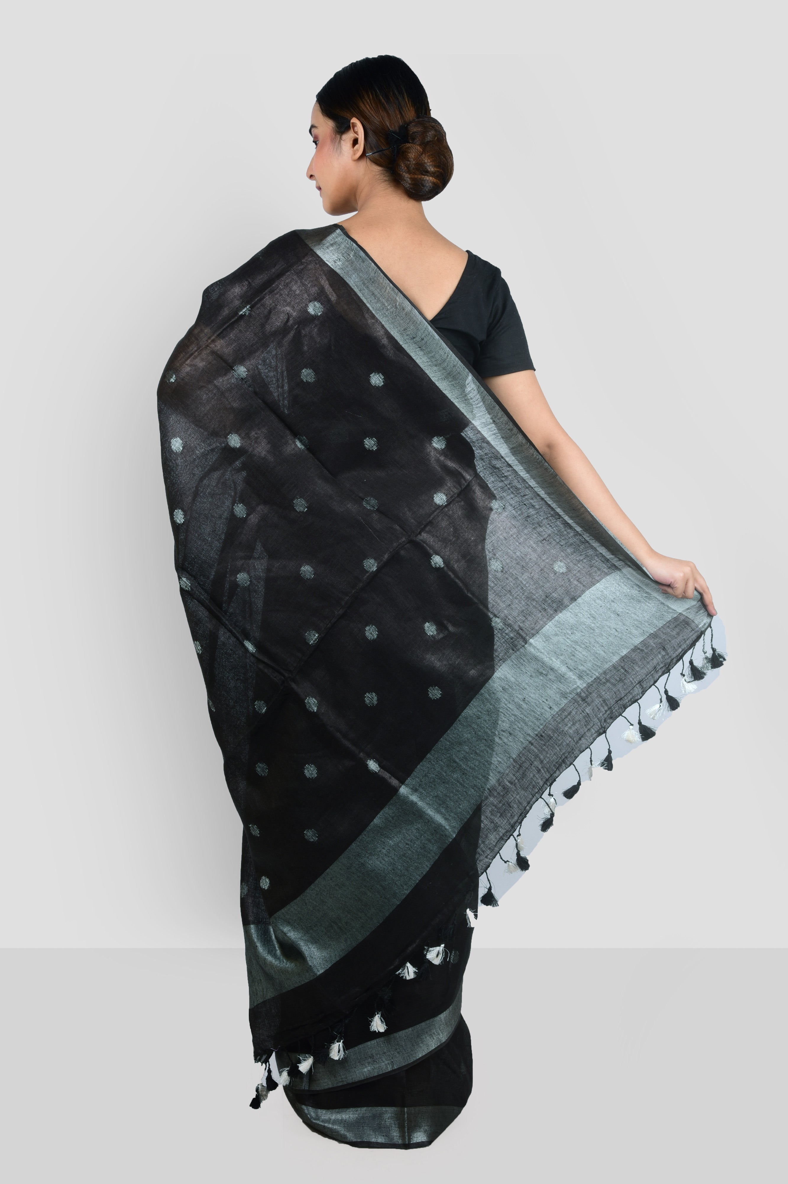 black dobby woven polka handloom pure linen saree - linenworldonline.in