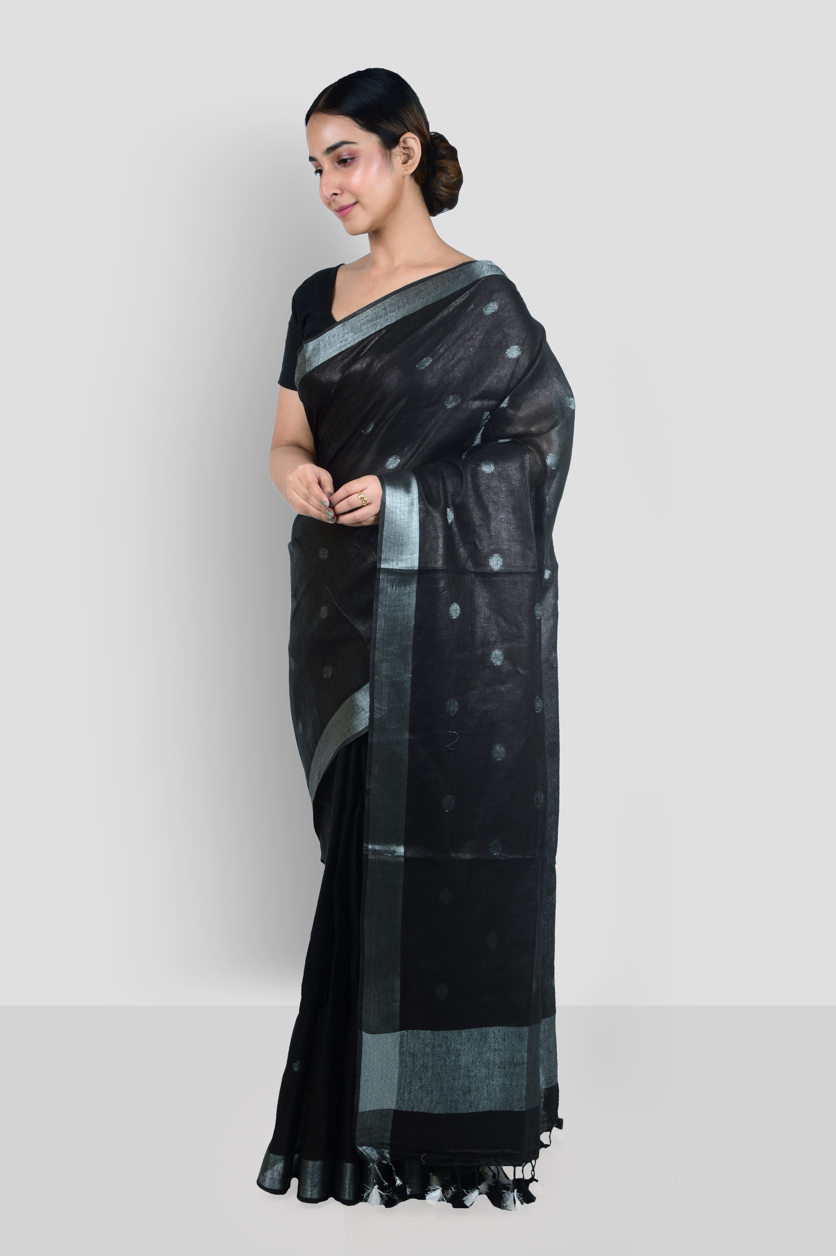 black dobby woven polka handloom pure linen saree - linenworldonline.in