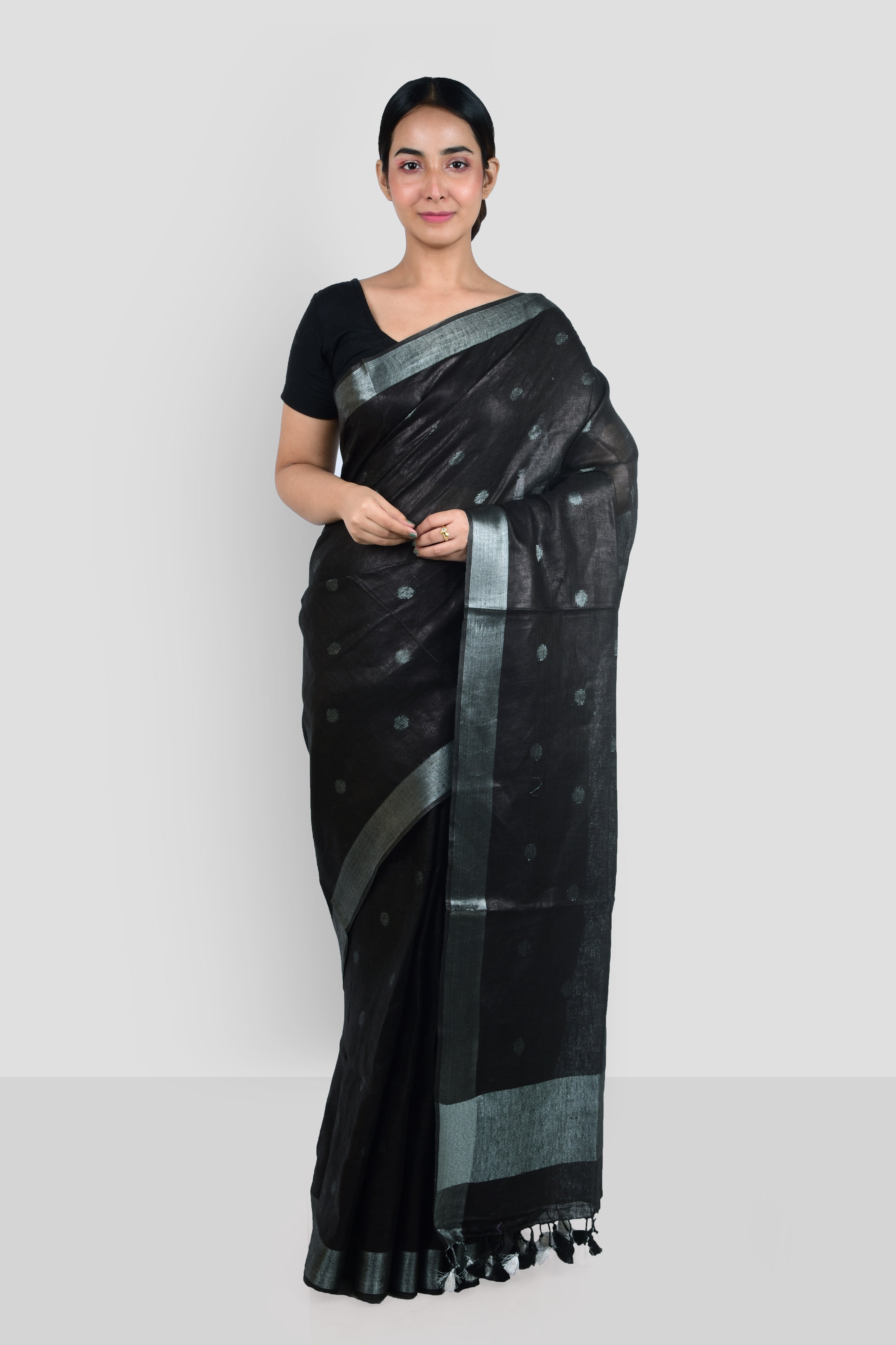 black dobby woven polka handloom pure linen saree - linenworldonline.in