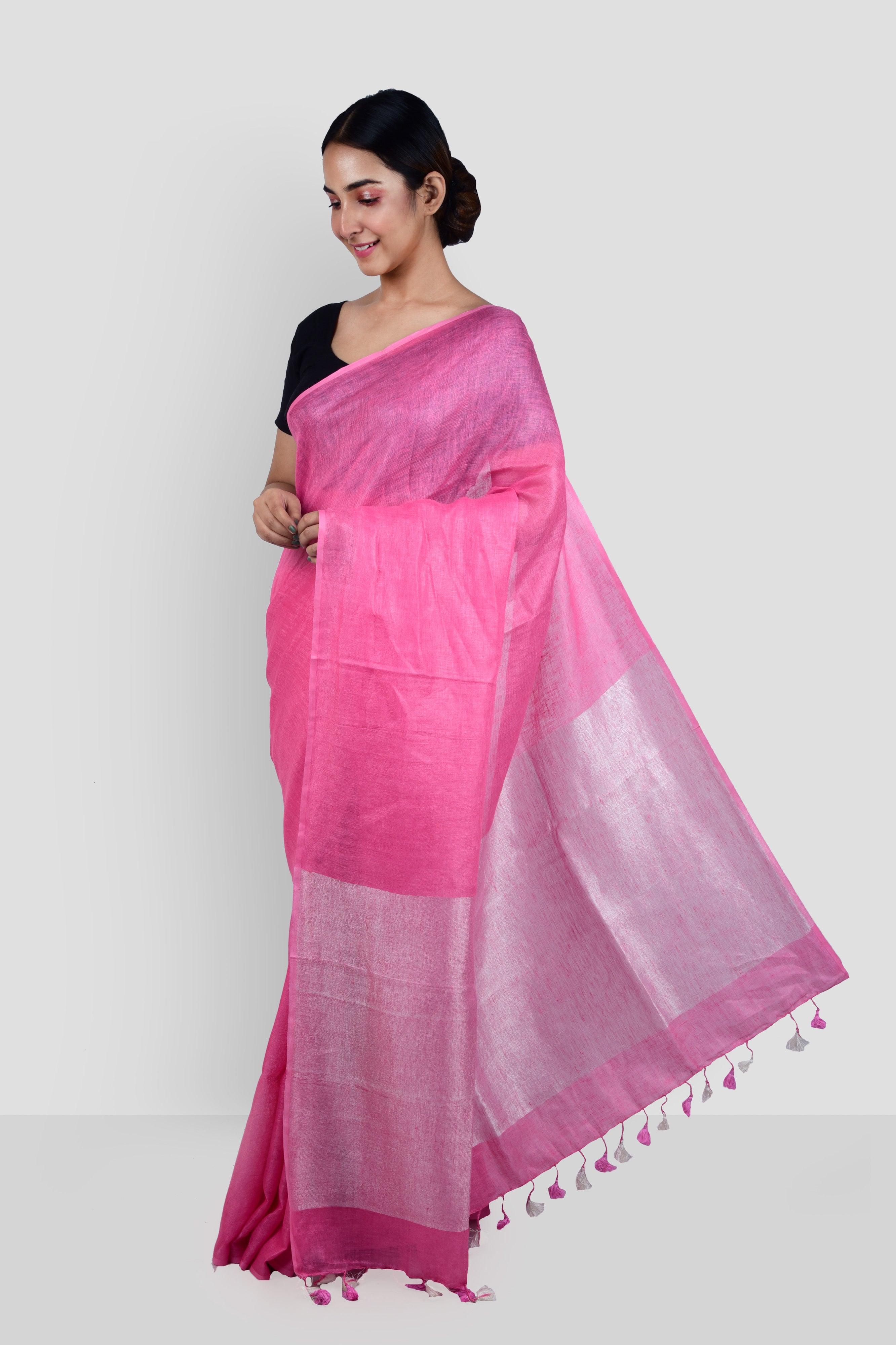 pink handloom pure linen saree - linenworldonline.in