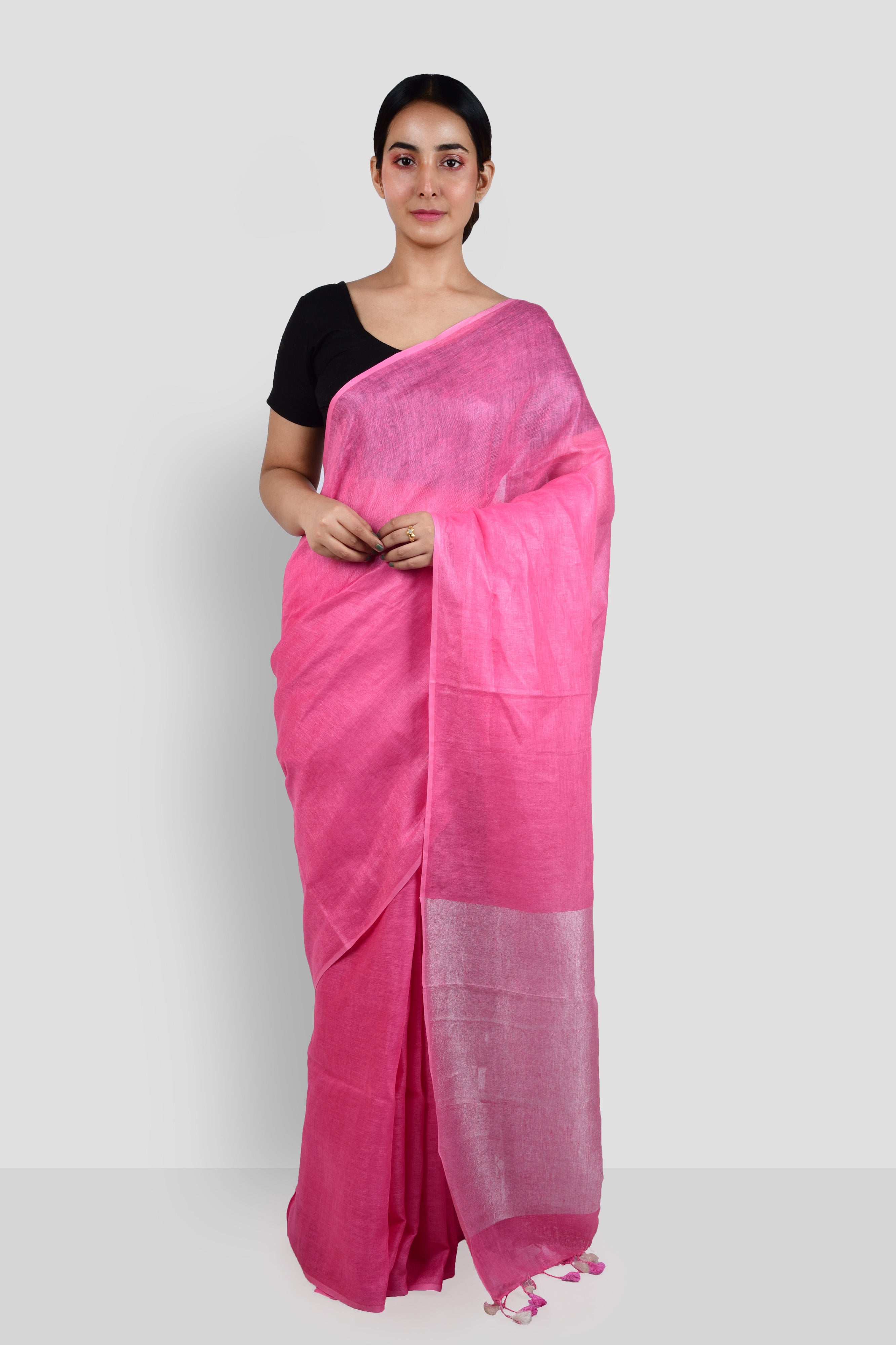 pink handloom pure linen saree - linenworldonline.in