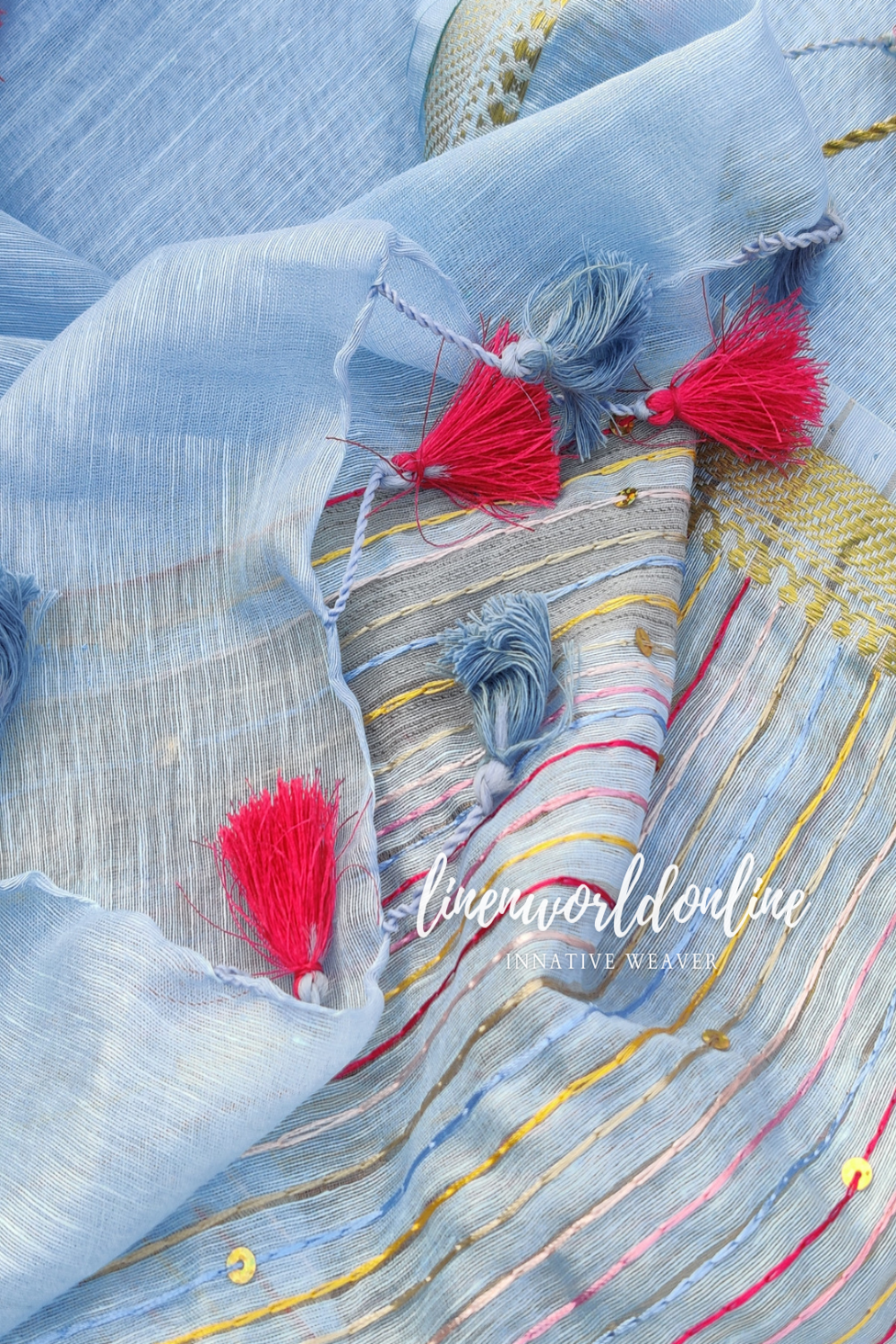 blue embroidered french linen saree - linenworldonline.in
