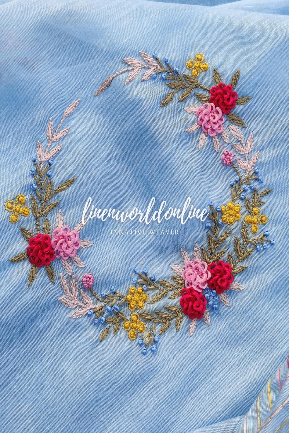 blue embroidered french linen saree - linenworldonline.in
