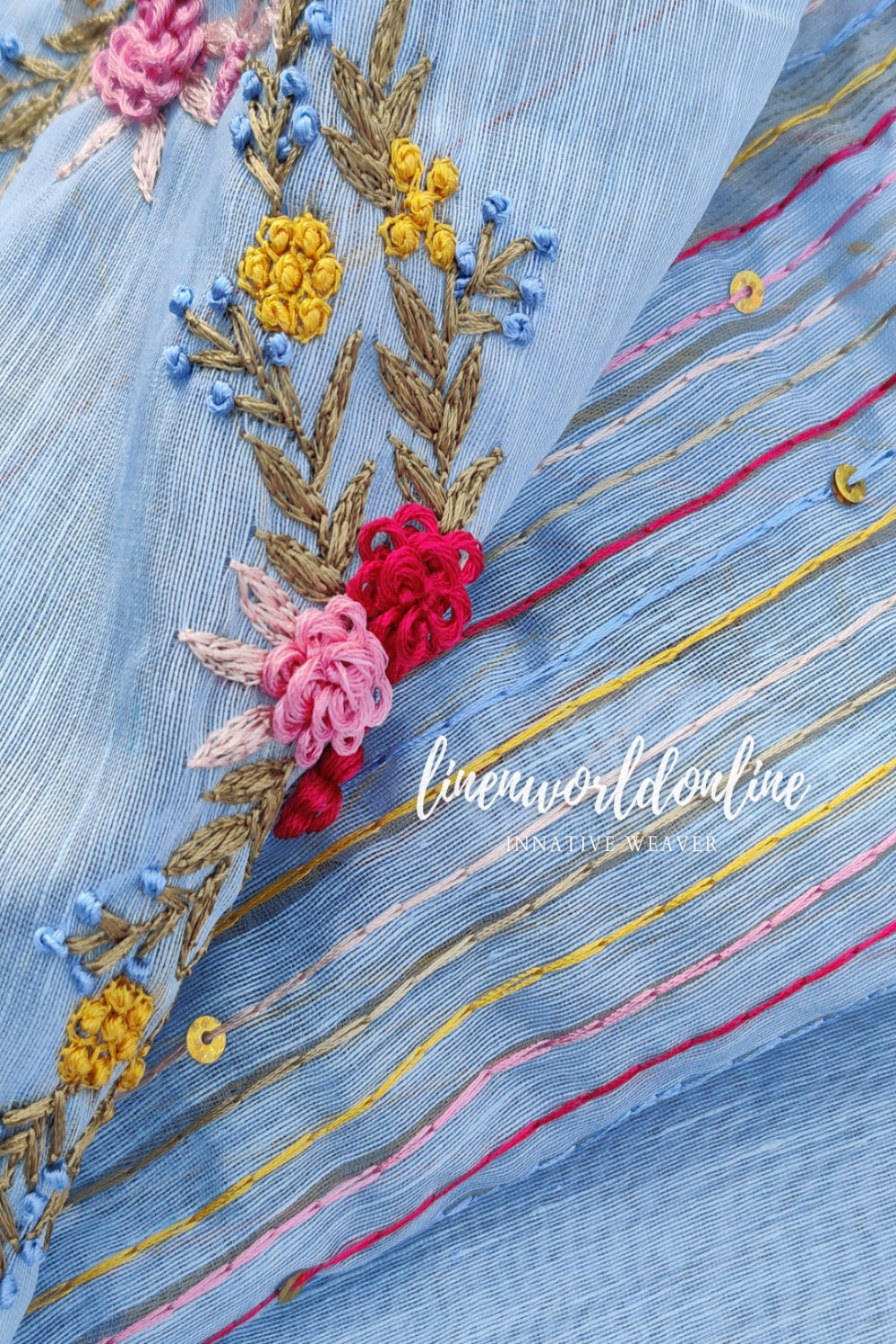 blue embroidered french linen saree - linenworldonline.in