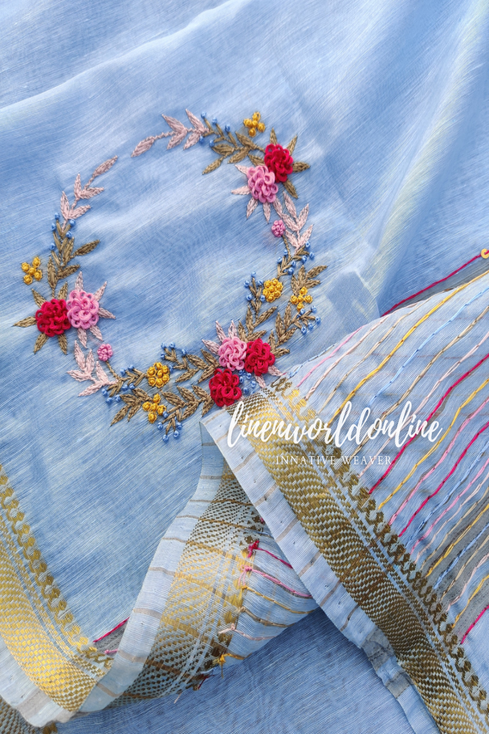 blue embroidered french linen saree - linenworldonline.in