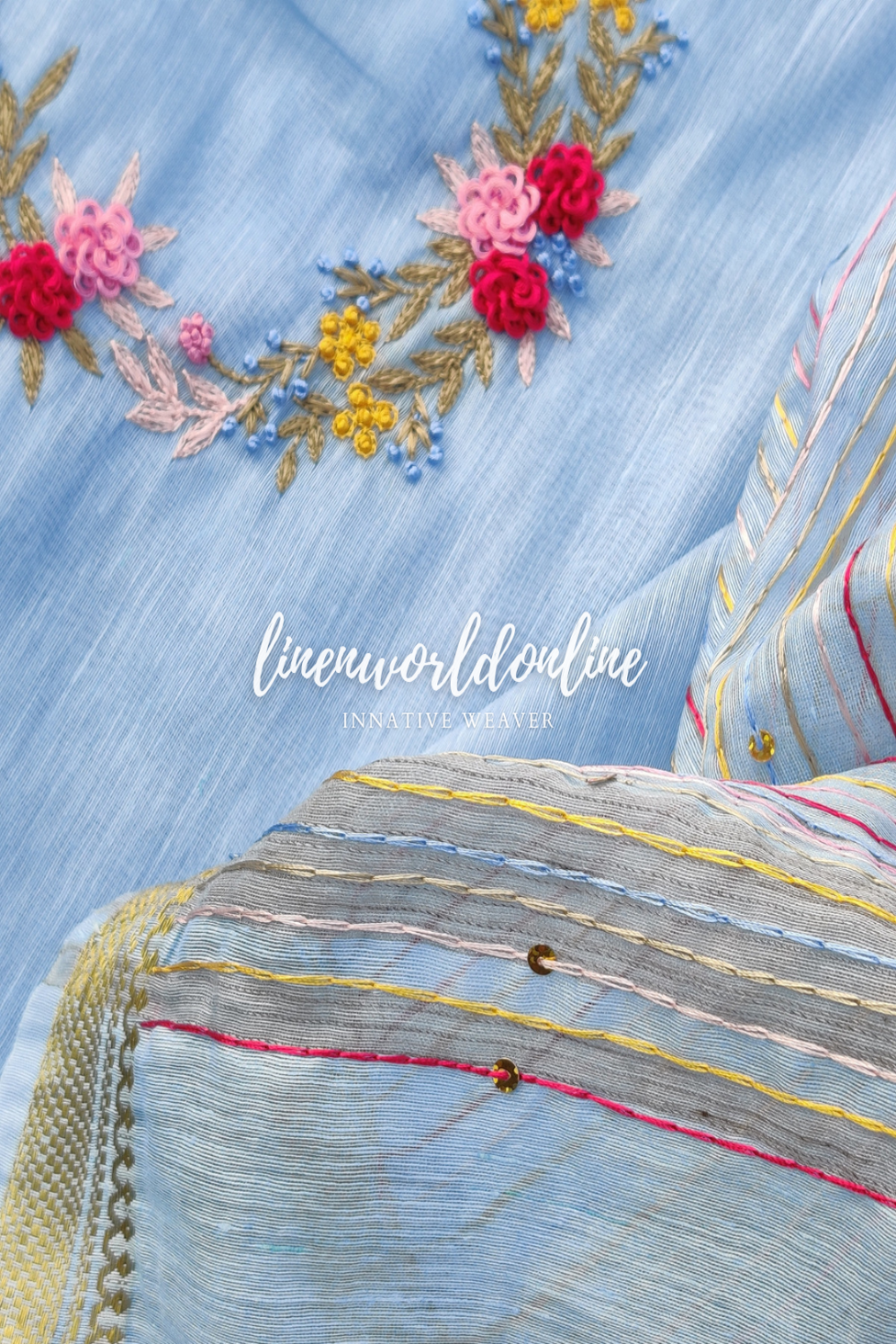 blue embroidered french linen saree - linenworldonline.in