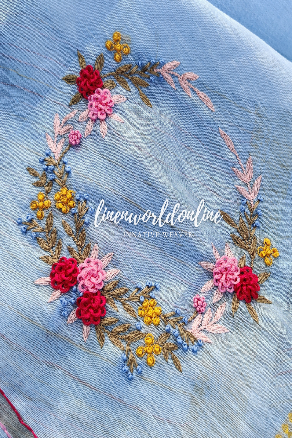 blue embroidered french linen saree - linenworldonline.in