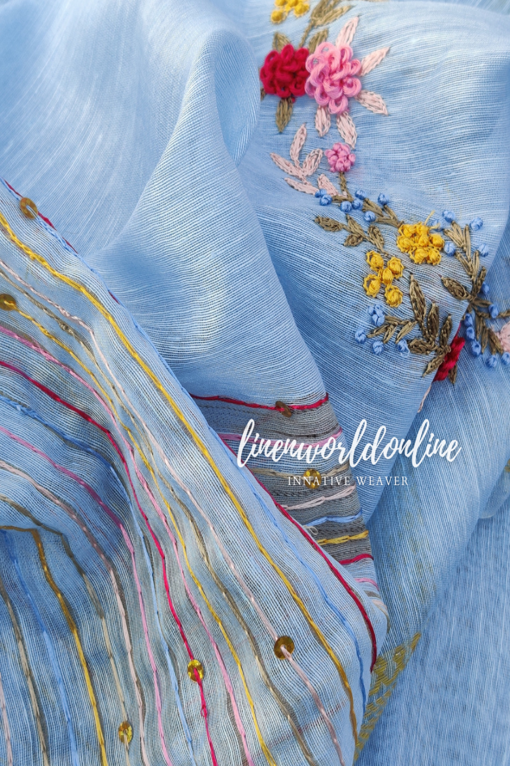 blue embroidered french linen saree - linenworldonline.in