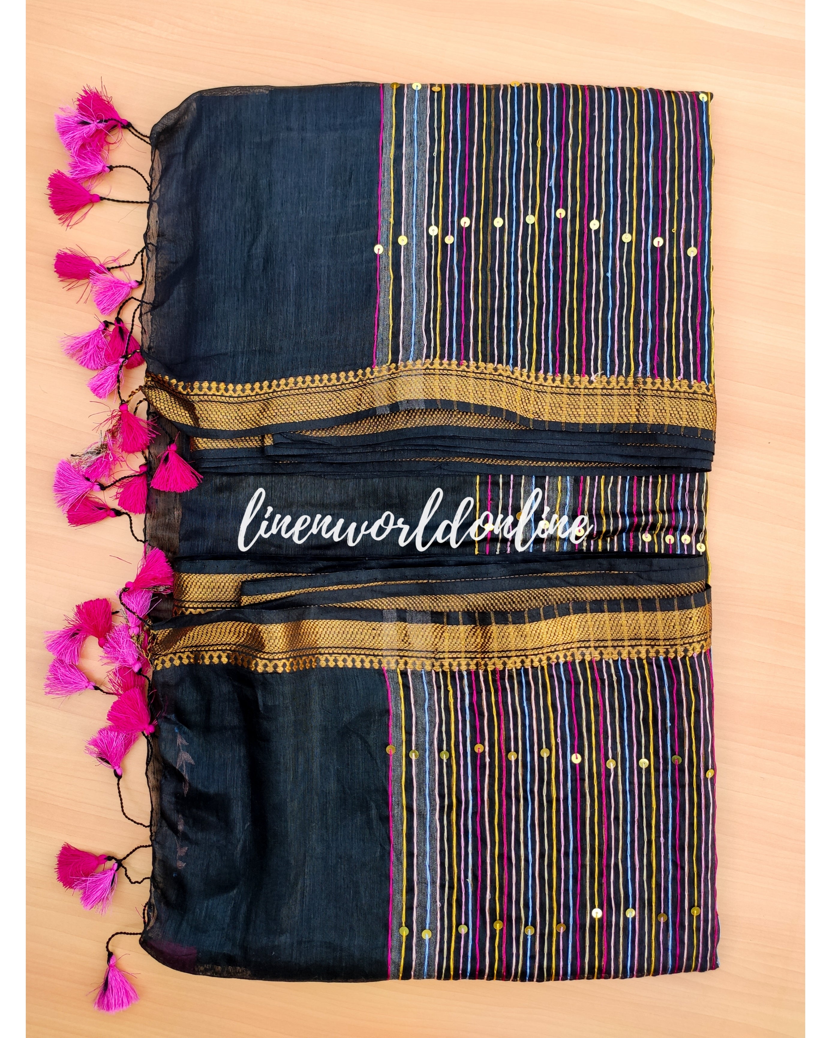 black embroidered french linen saree - linenworldonline.in