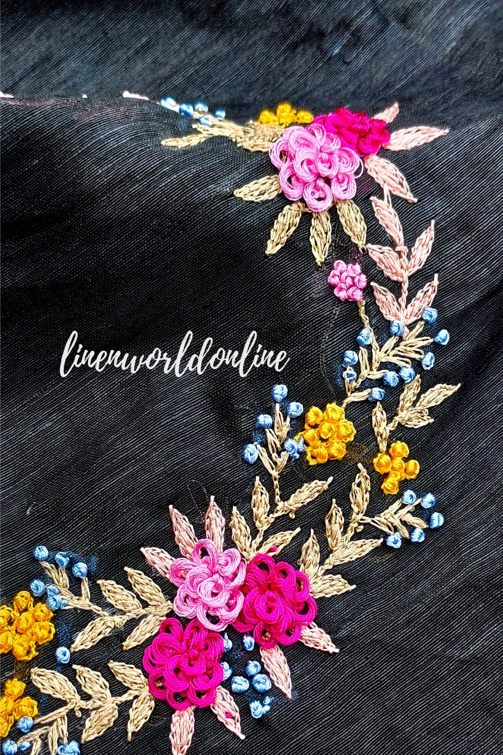 black embroidered french linen saree - linenworldonline.in