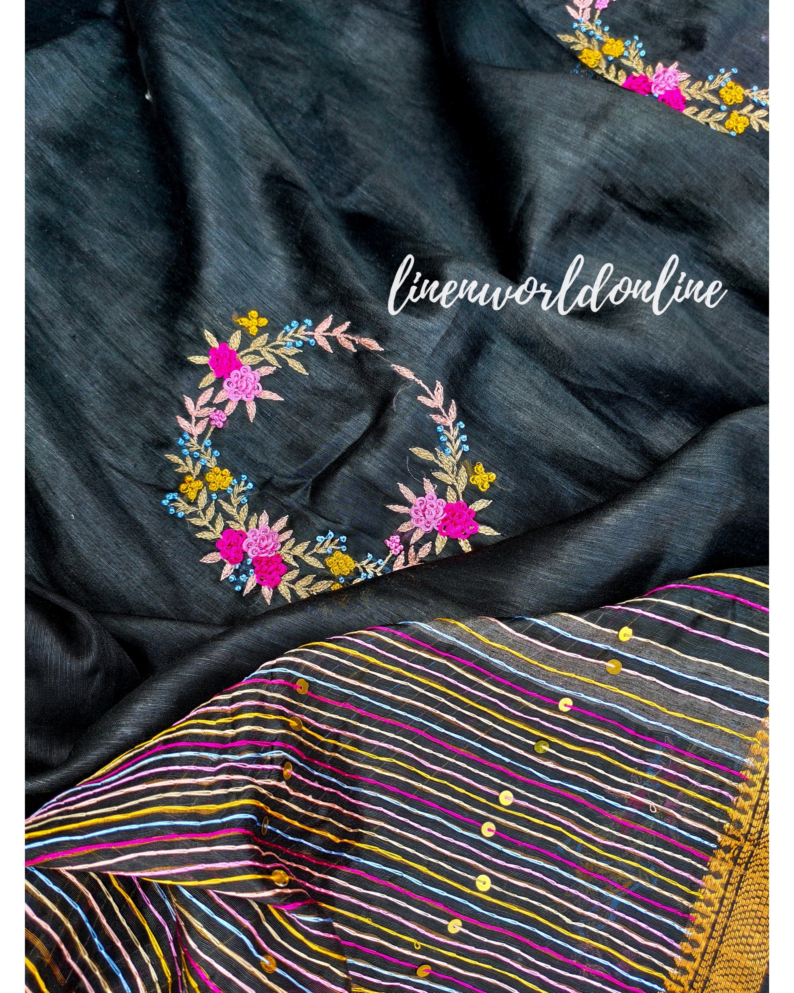 black embroidered french linen saree - linenworldonline.in