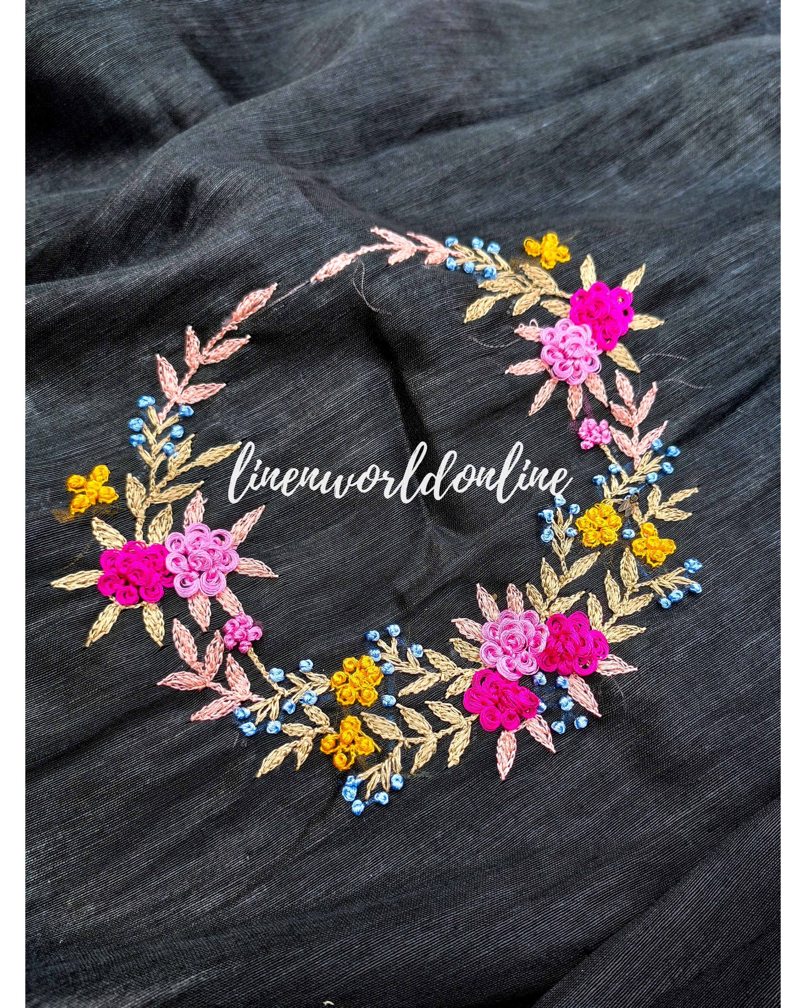 black embroidered french linen saree - linenworldonline.in