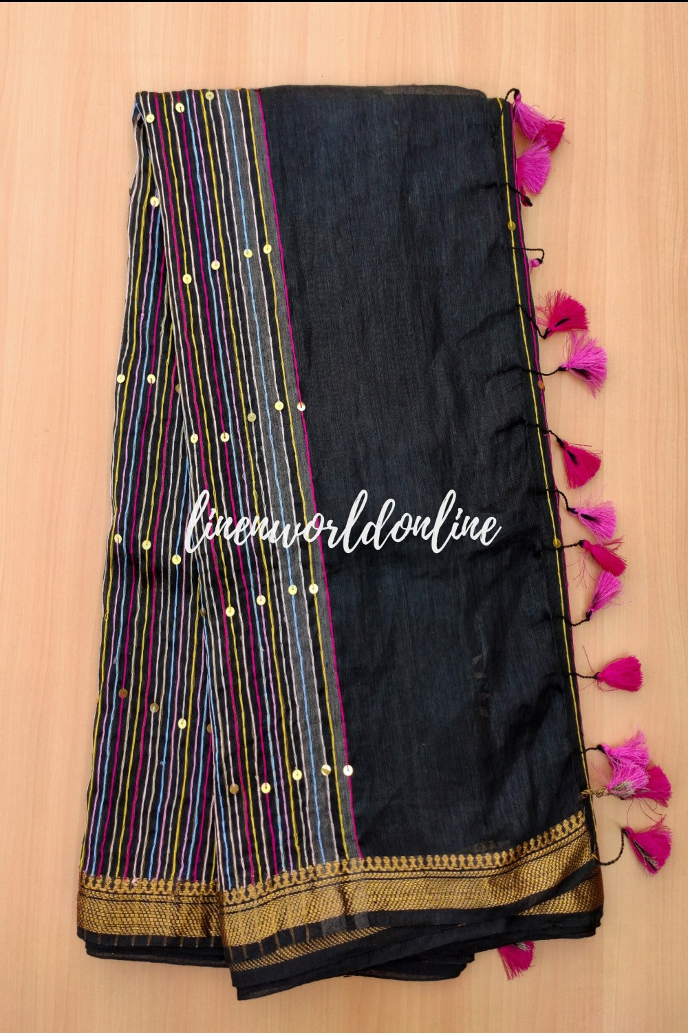 black embroidered french linen saree - linenworldonline.in