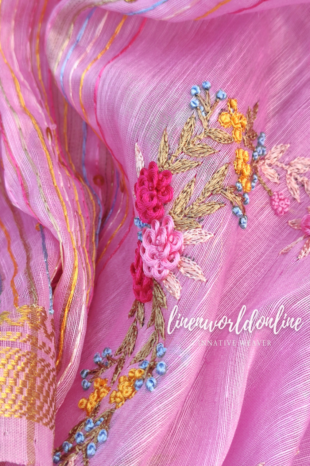 pink embroidered french linen saree - linenworldonline.in