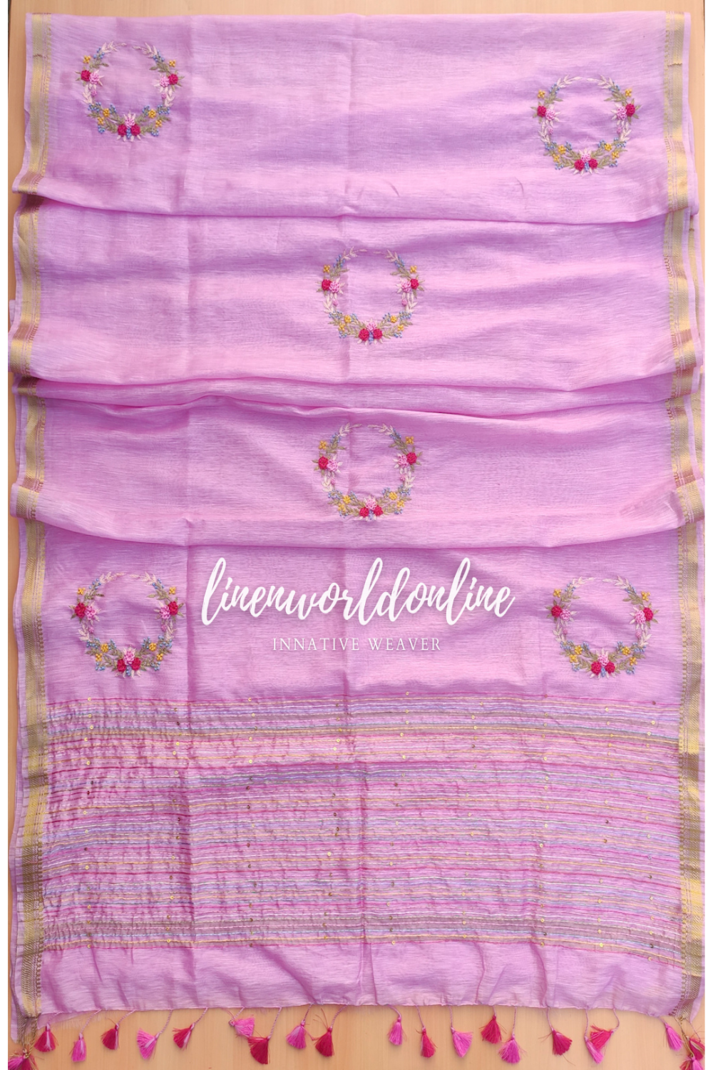 pink embroidered french linen saree - linenworldonline.in