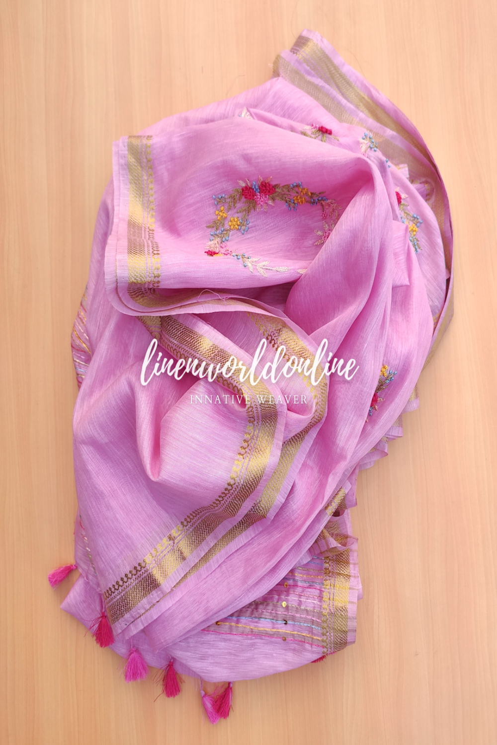 pink embroidered french linen saree - linenworldonline.in