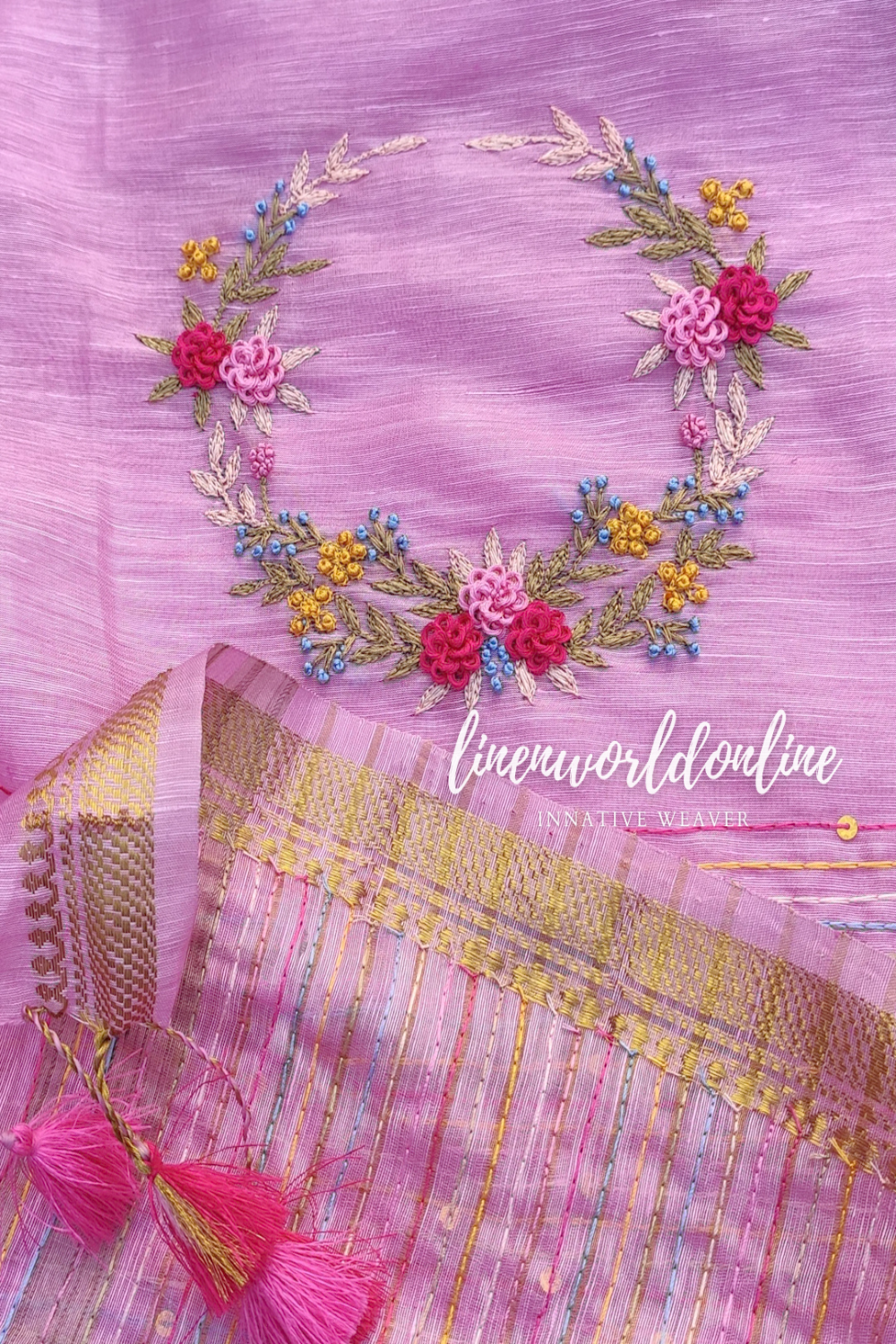 pink embroidered french linen saree - linenworldonline.in
