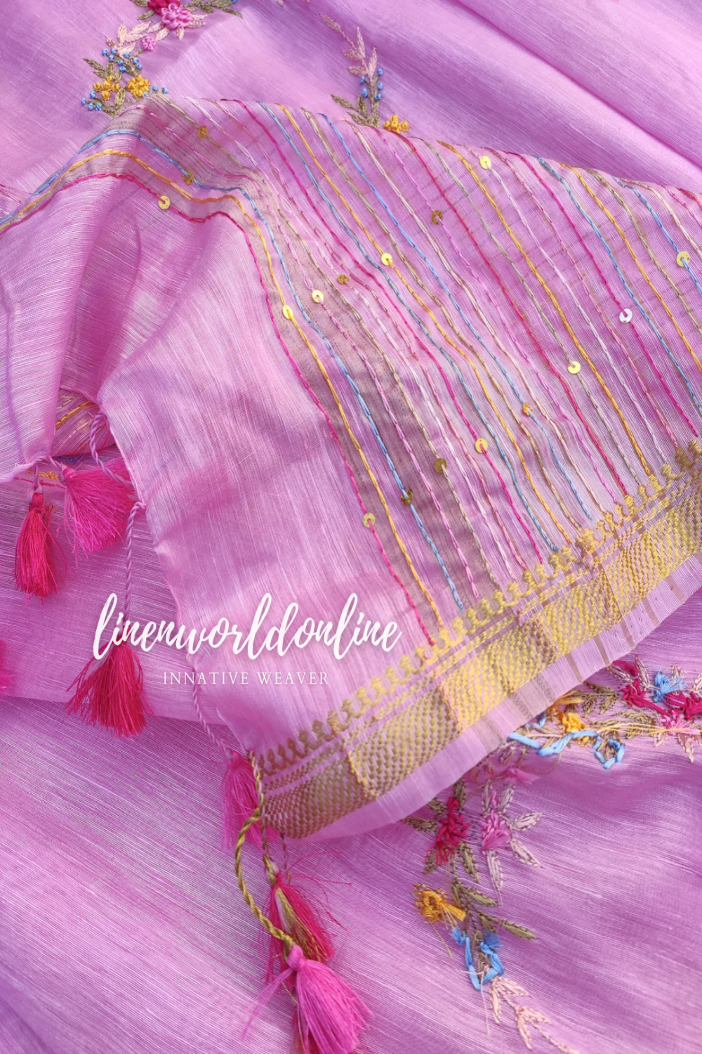 pink embroidered french linen saree - linenworldonline.in