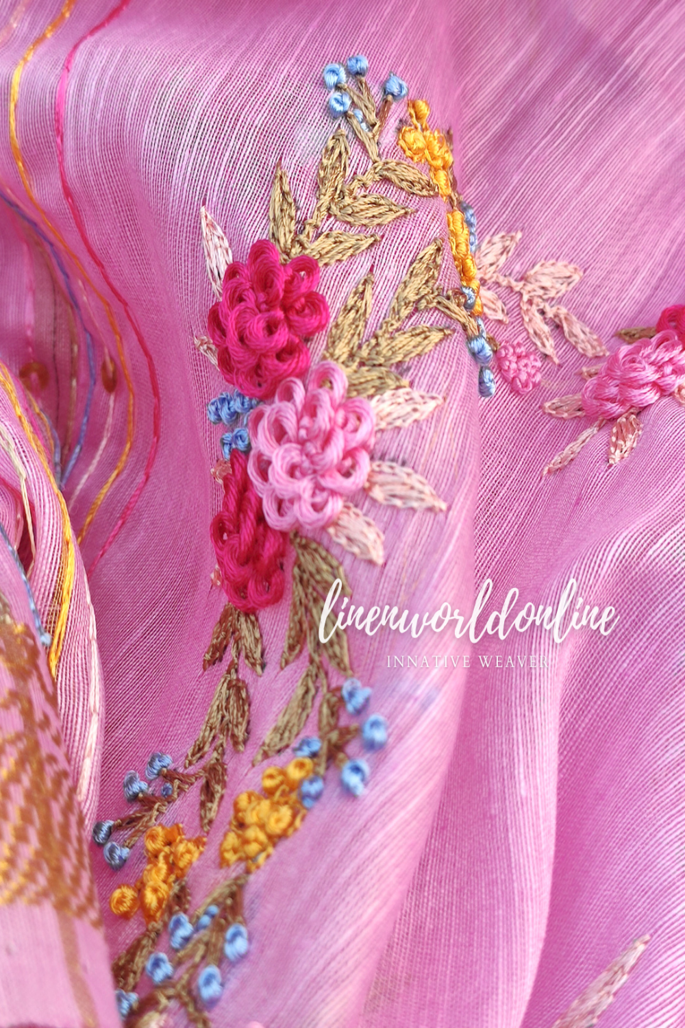 pink embroidered french linen saree - linenworldonline.in