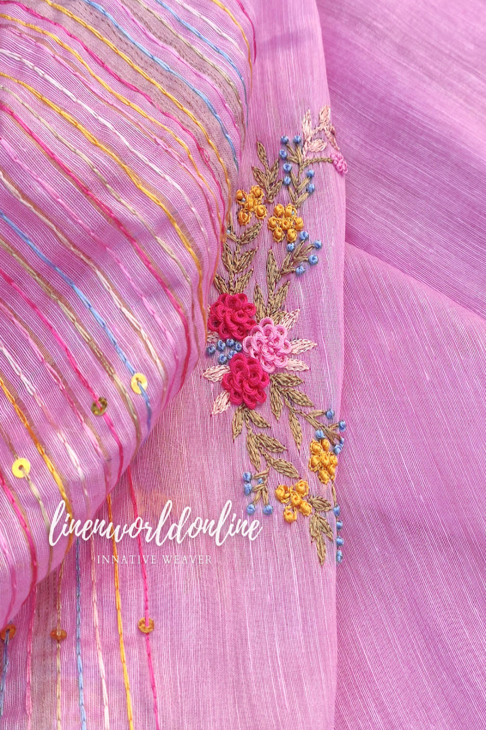 pink embroidered french linen saree - linenworldonline.in
