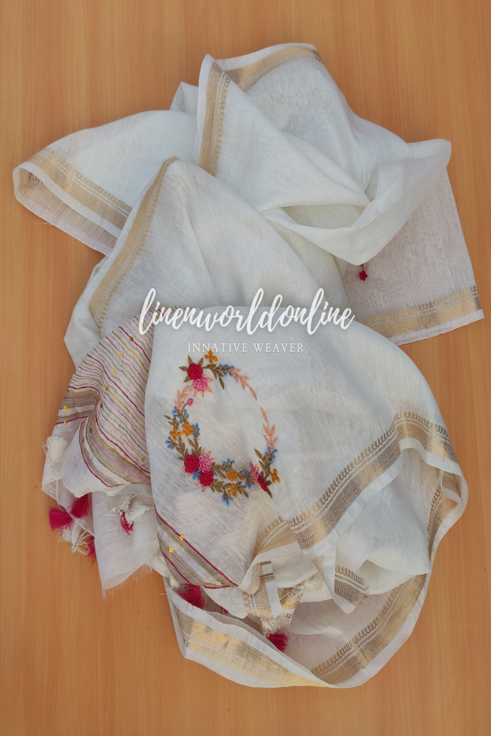 white french knot embroidered linen saree - linenworldonline.in