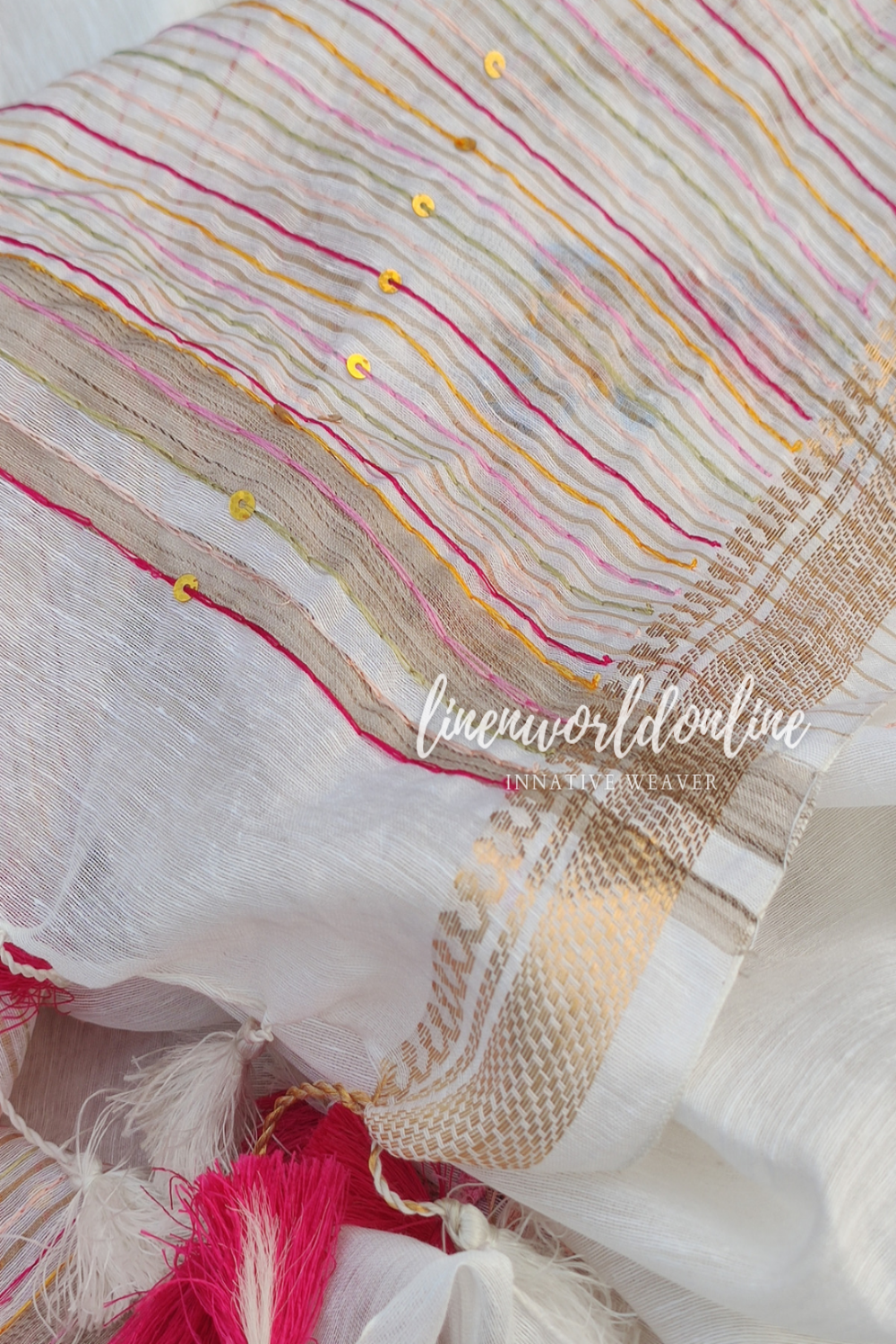 white french knot embroidered linen saree - linenworldonline.in